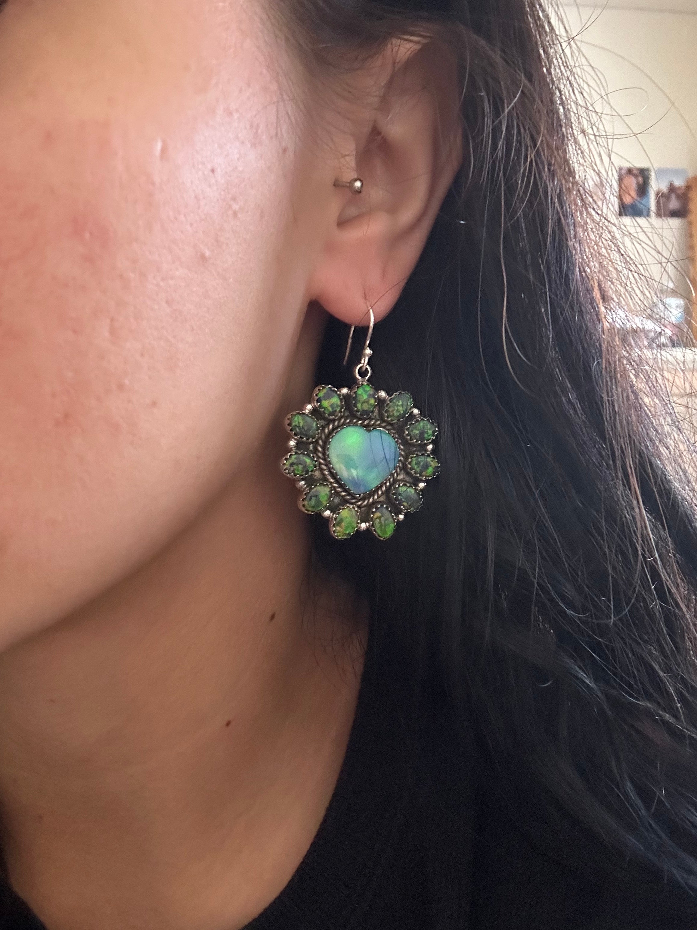 Southwest Handmade Opal & Sterling Silver Dangle Cluster Heart Earrings