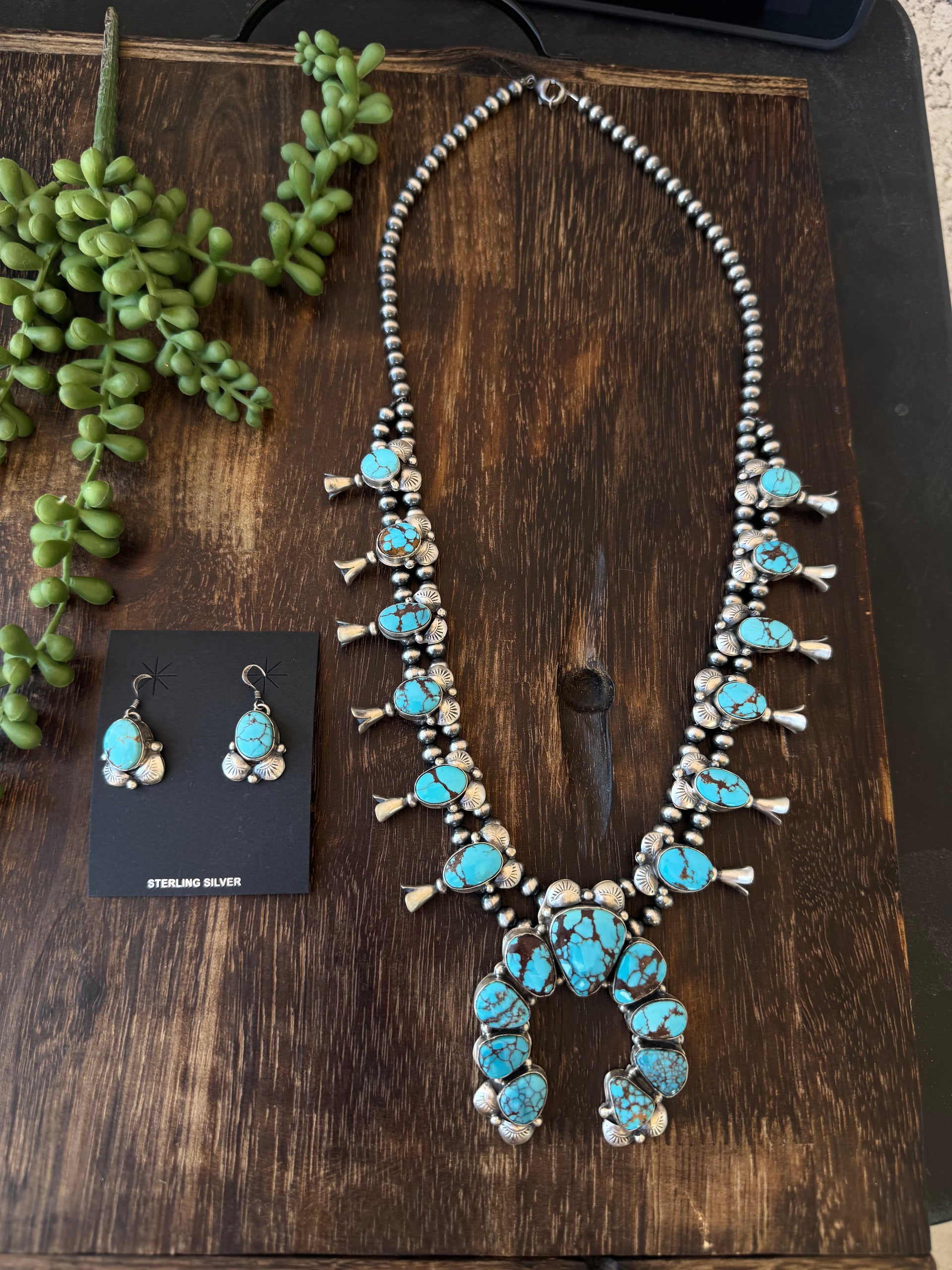 Navajo Made Egyptian Prince Turquoise & Sterling Silver Squash Blossom Necklace Set