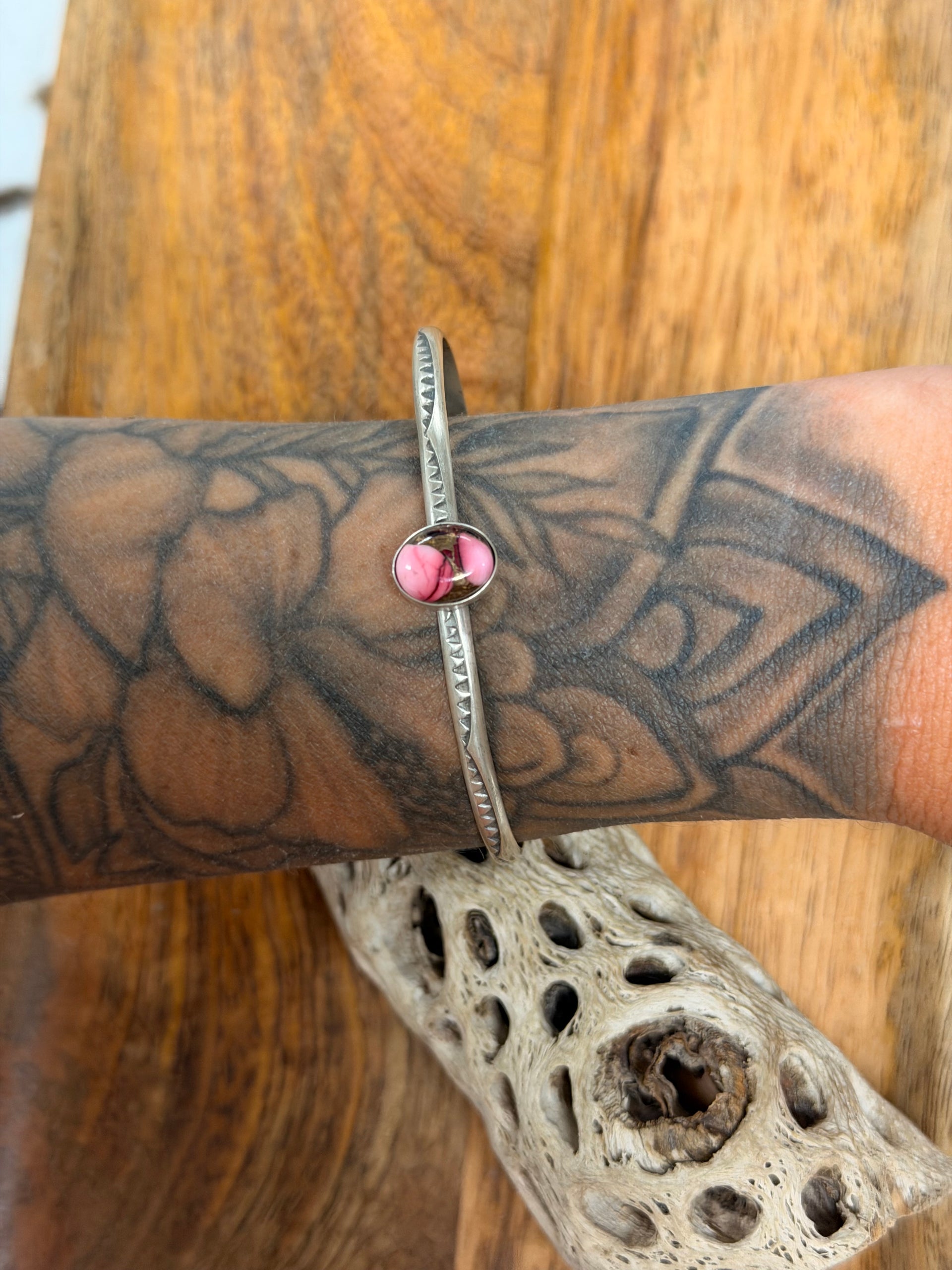 Navajo Made Rose Dahlia Composite & Sterling Silver Cuff Bracelet