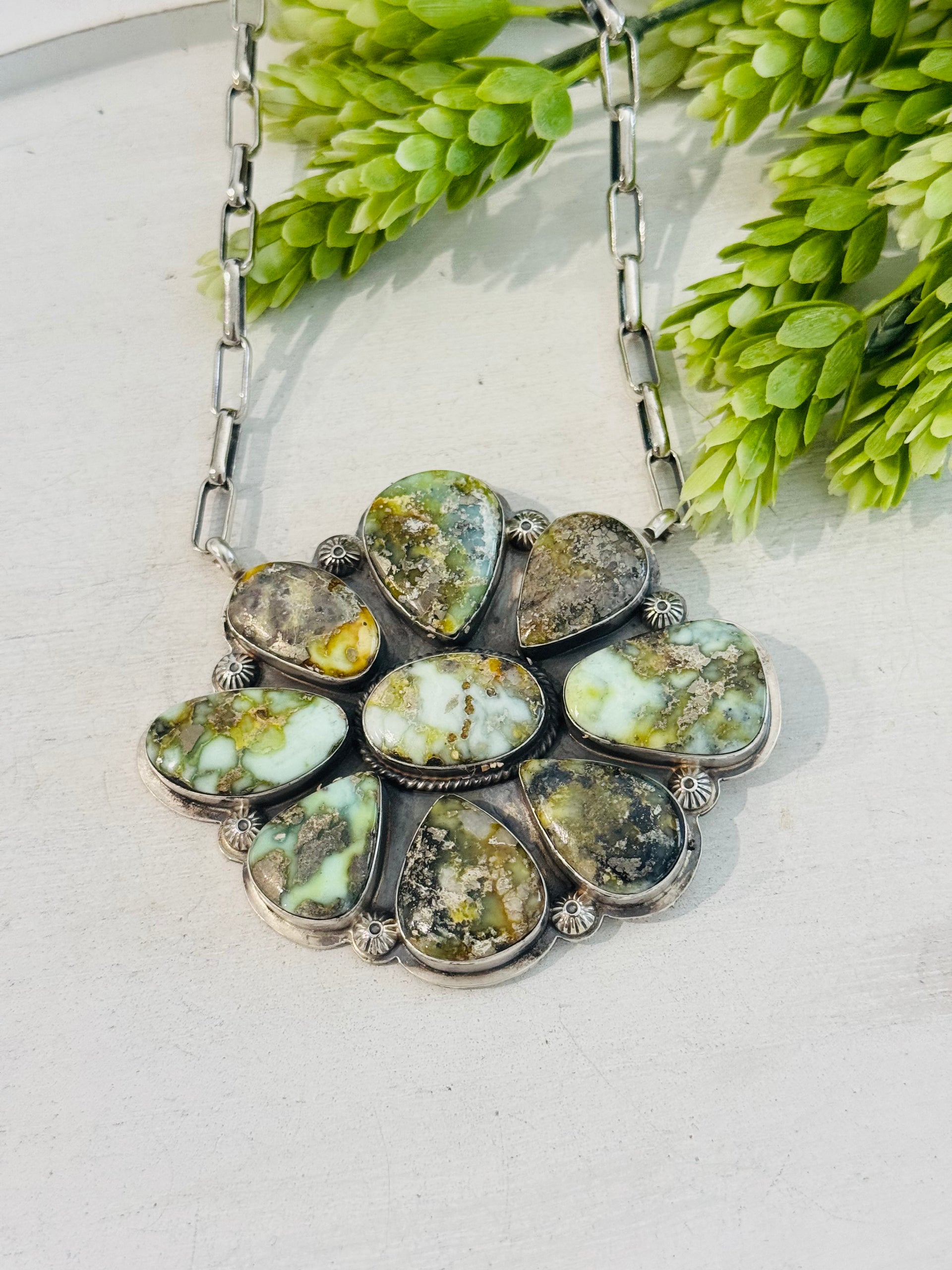Southwest Made Palomino Variscite & Sterling Silver Cluster Necklace