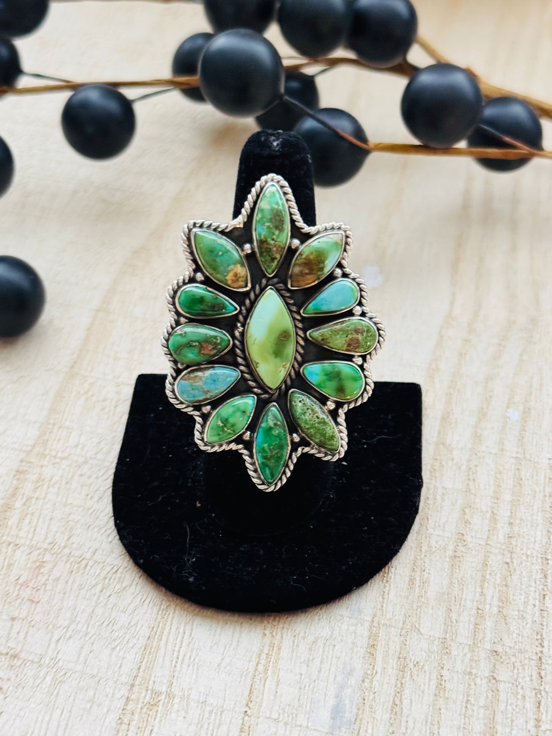 Southwest Handmade Sonoran Mountain Turquoise & Sterling Silver Adjustable Cluster Ring
