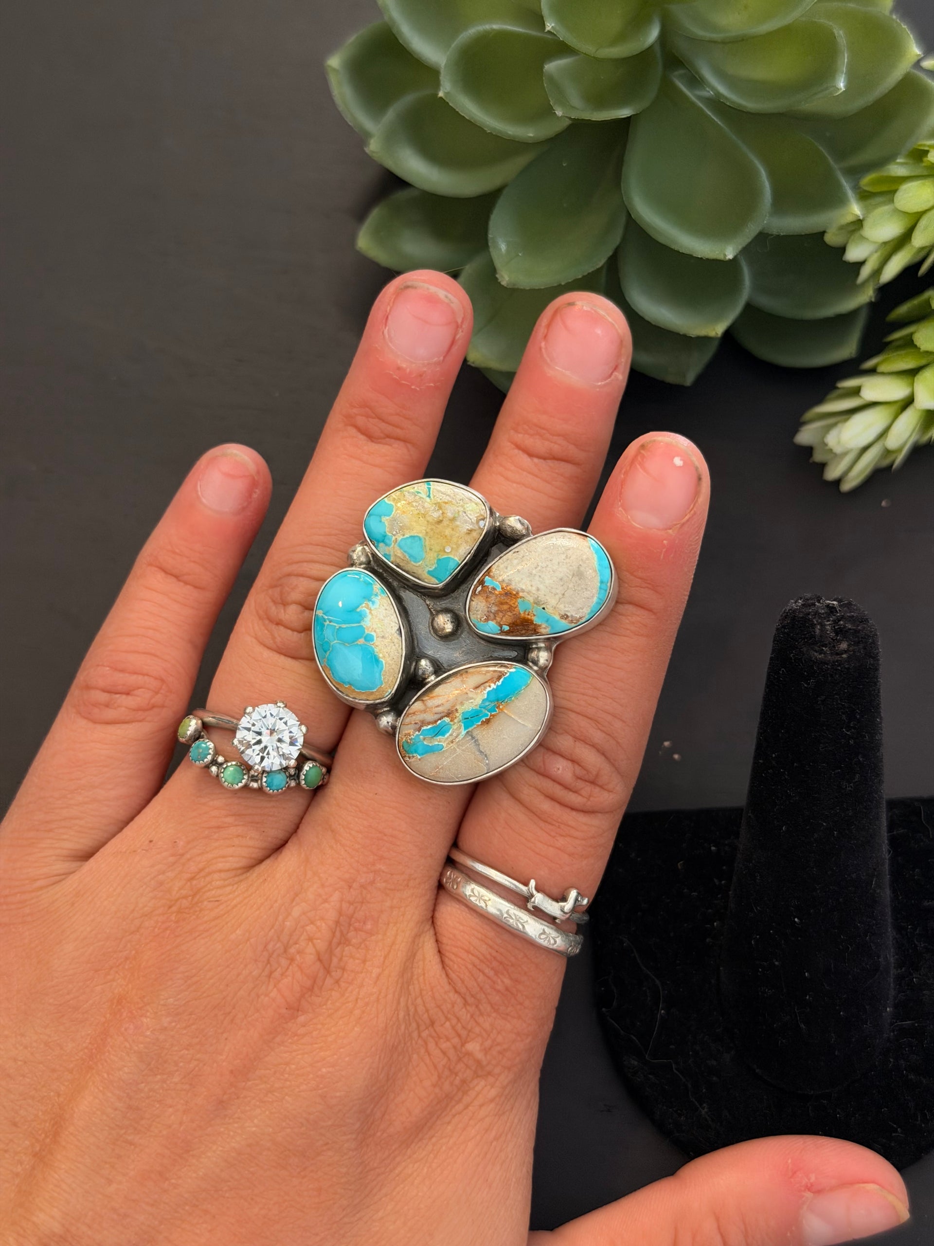 Kobe Martinez Ribbon Royston Turquoise& Sterling Silver Cluster Ring Size 6.75