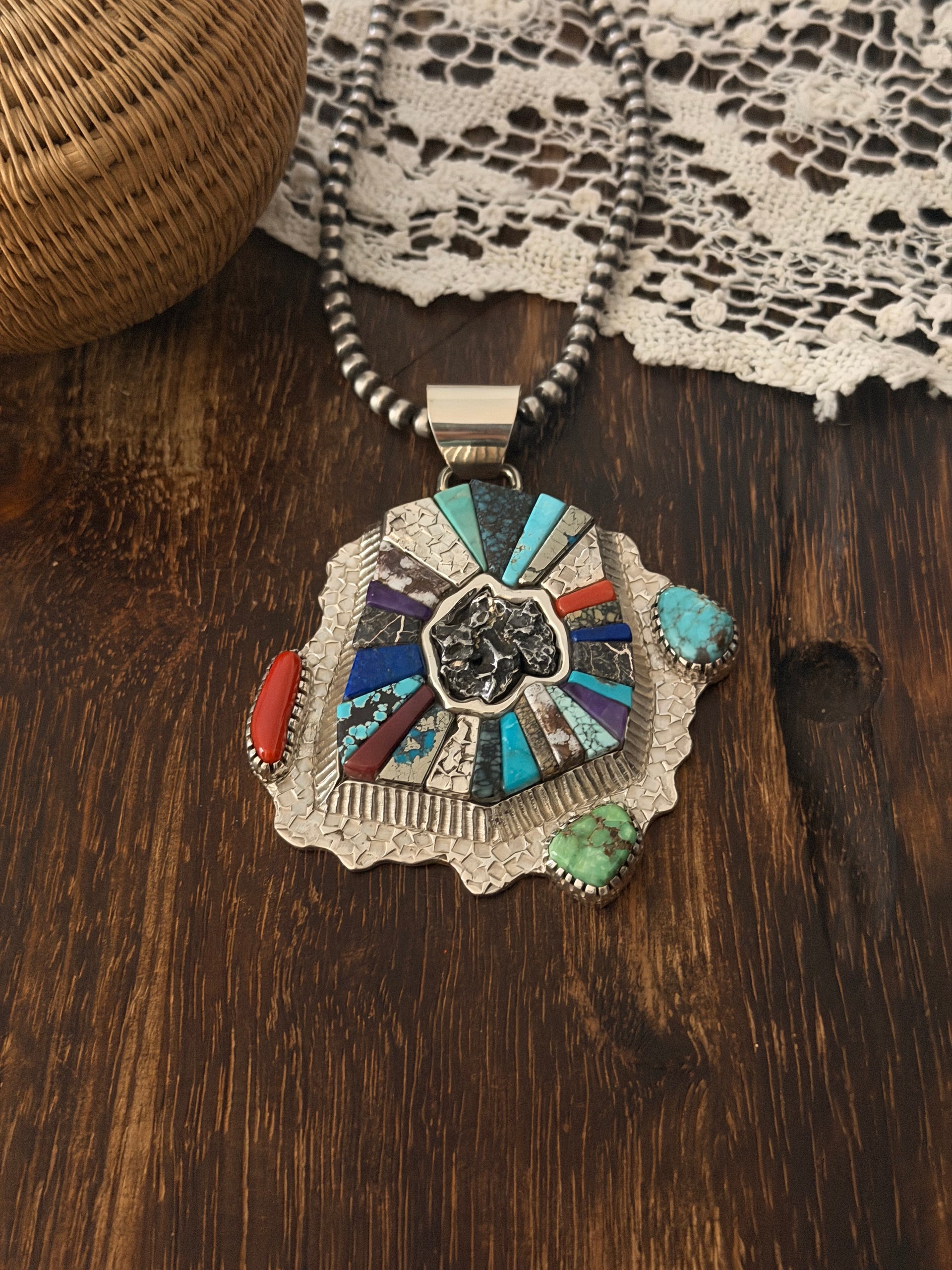 Alvin Yellowhorse High Grade Multi Stone & Meteorite & Sterling Silver Cluster Cobblestone Pendant