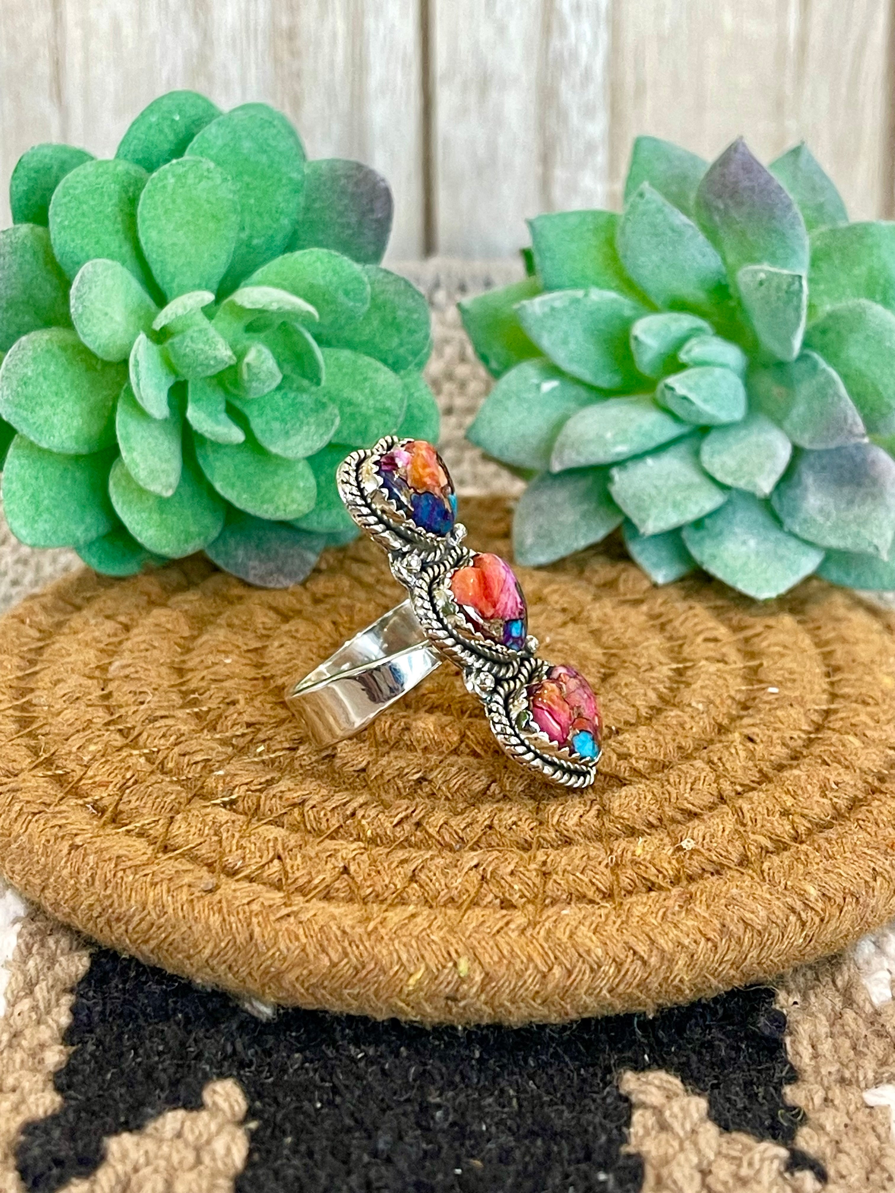 Southwest Handmade Pink Mohave & Sterling Silver Adjustable 3 Stone Heart  Ring