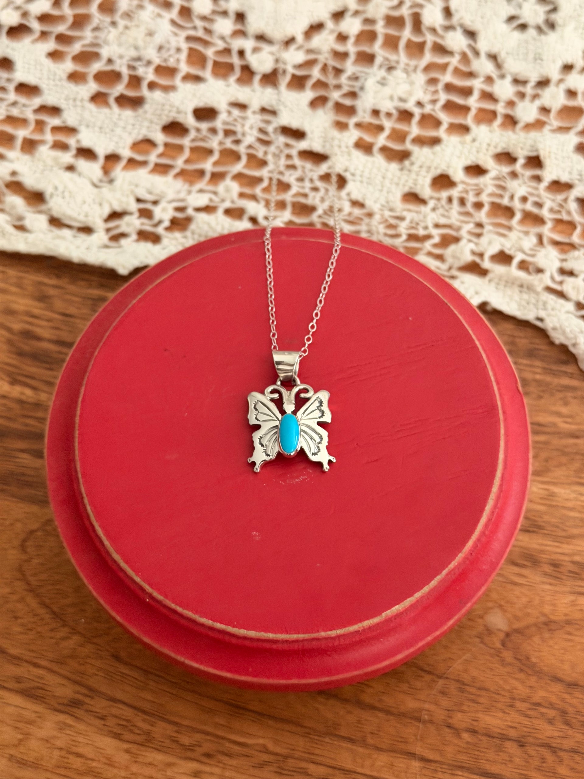 Navajo Made Sleeping Beauty Turquoise & Sterling Sliver Butterfly Necklace
