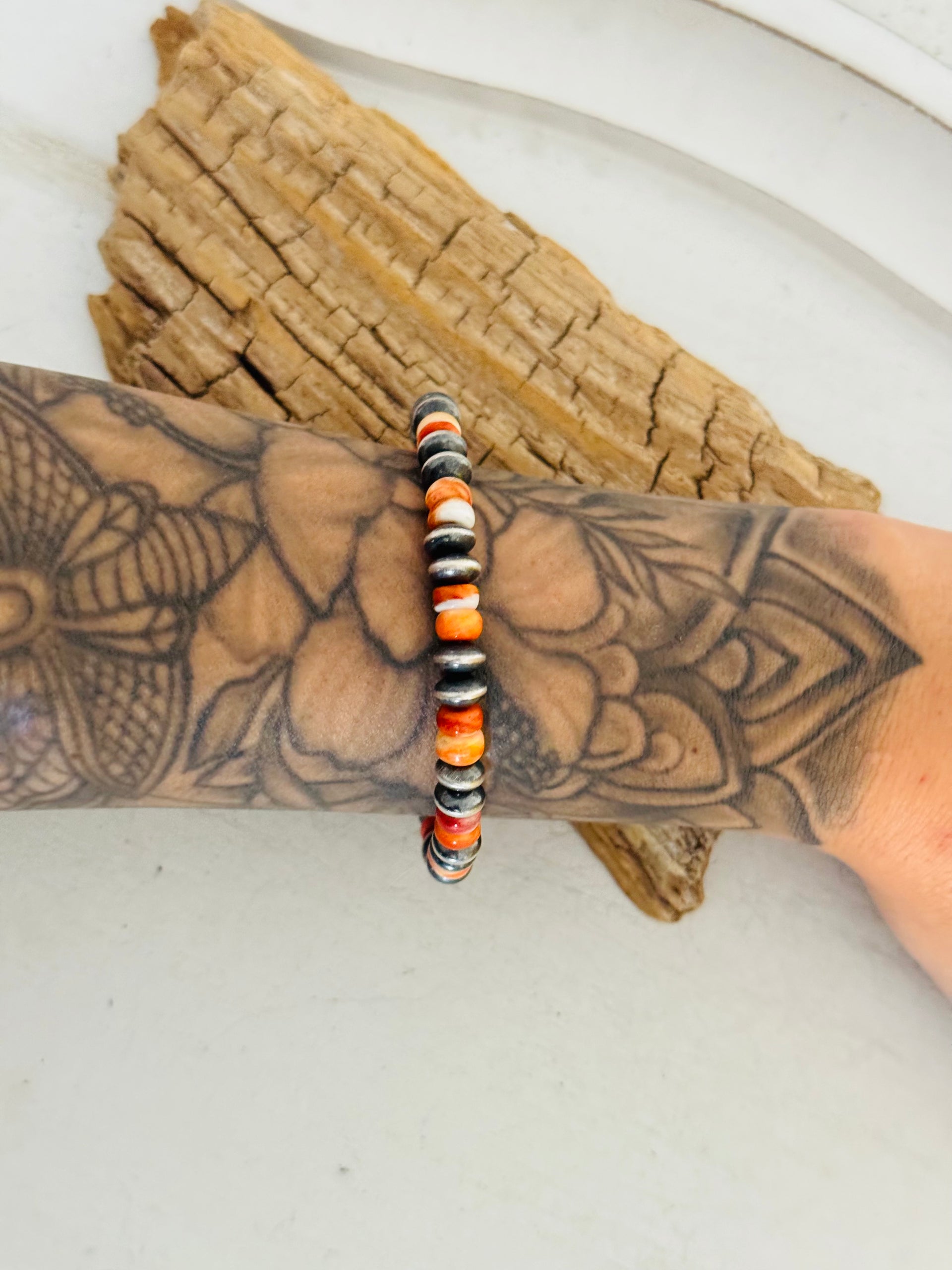 Navajo Strung Spiny Oyster & Sterling Silver Pearl Beaded Stretch Bracelet