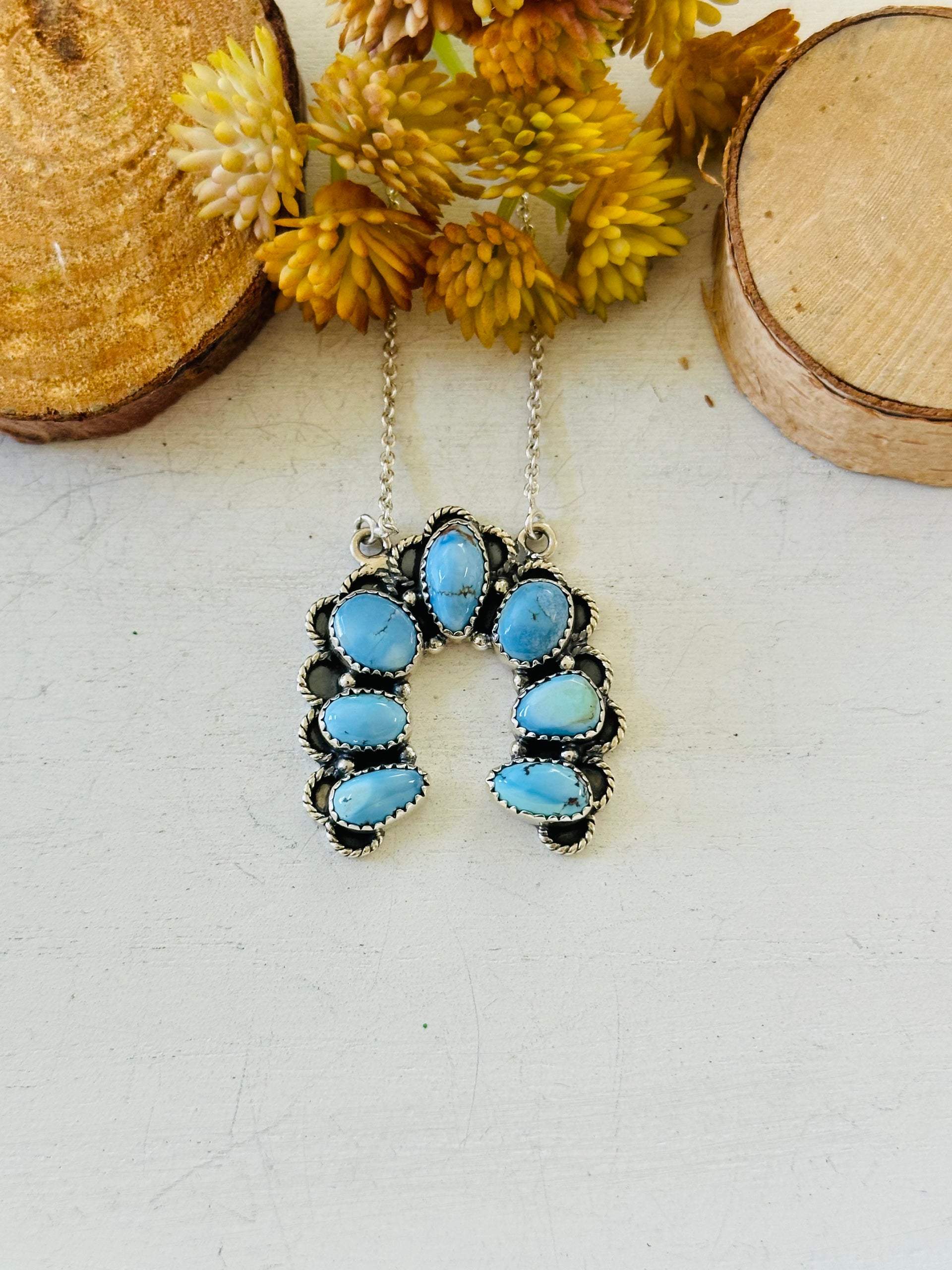 Southwest Handmade Golden Hills Turquoise & Sterling Silver Cluster Naja Necklace