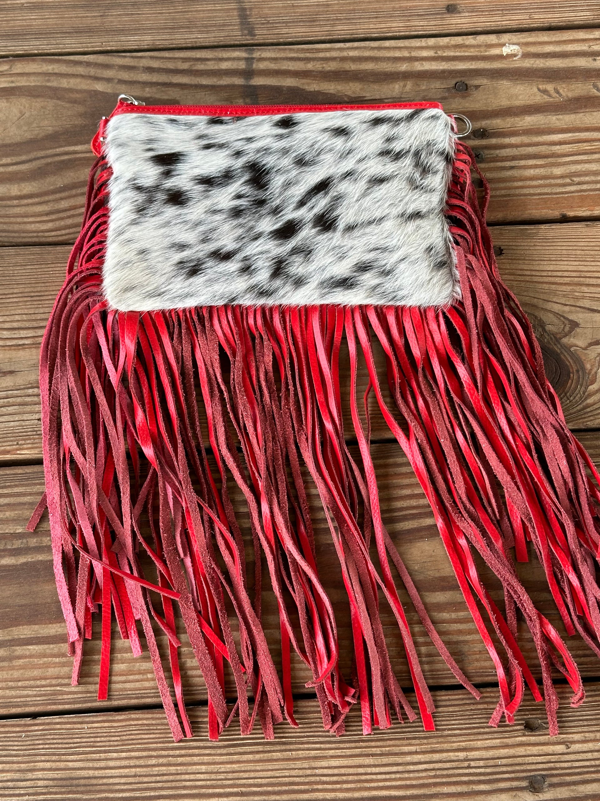 Genuine Leather Cowhide Tooled Cross Body Fringe Purse