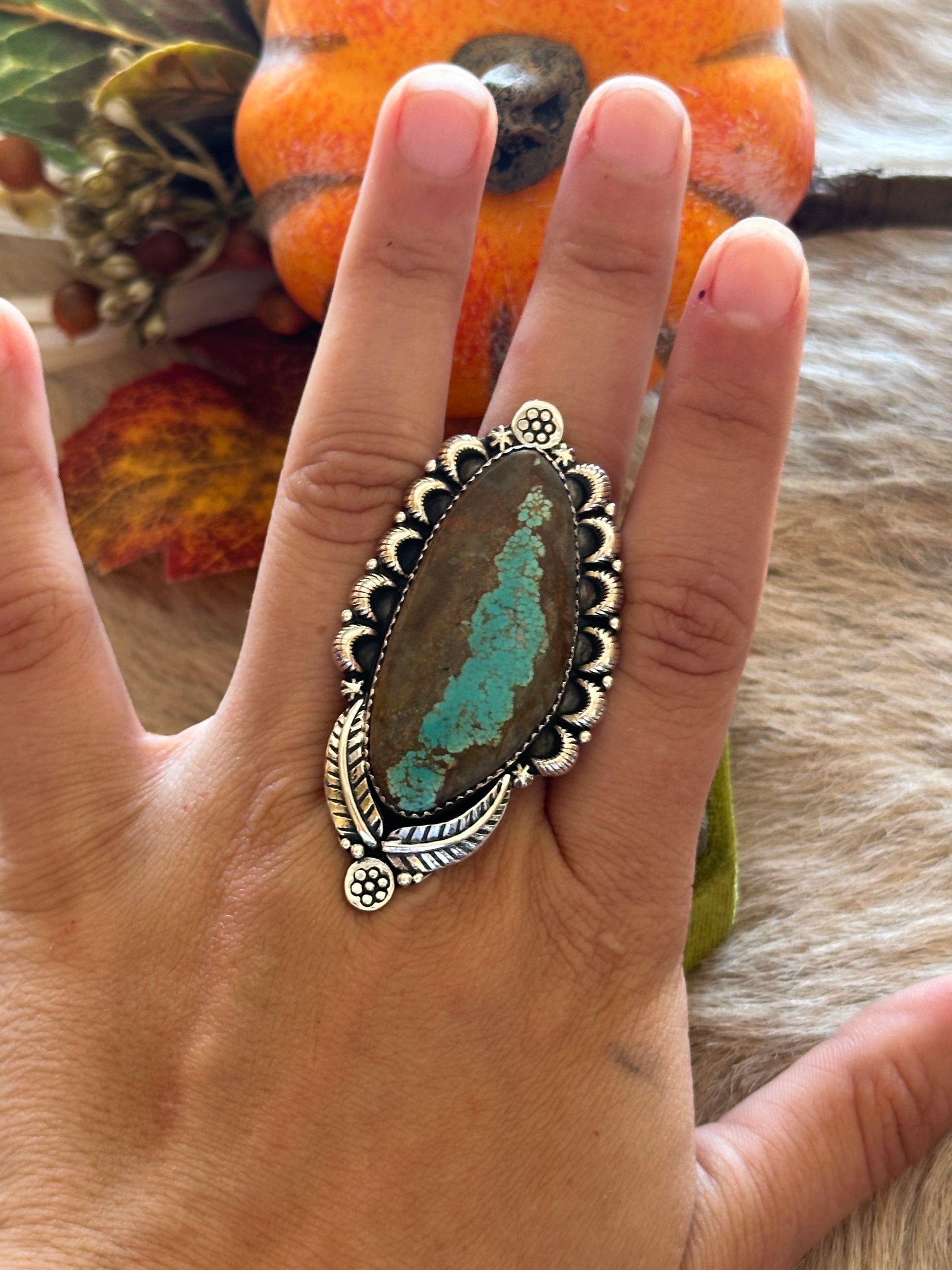 Southwest Handmade #8 Turquoise & Sterling Silver Adjustable Ring