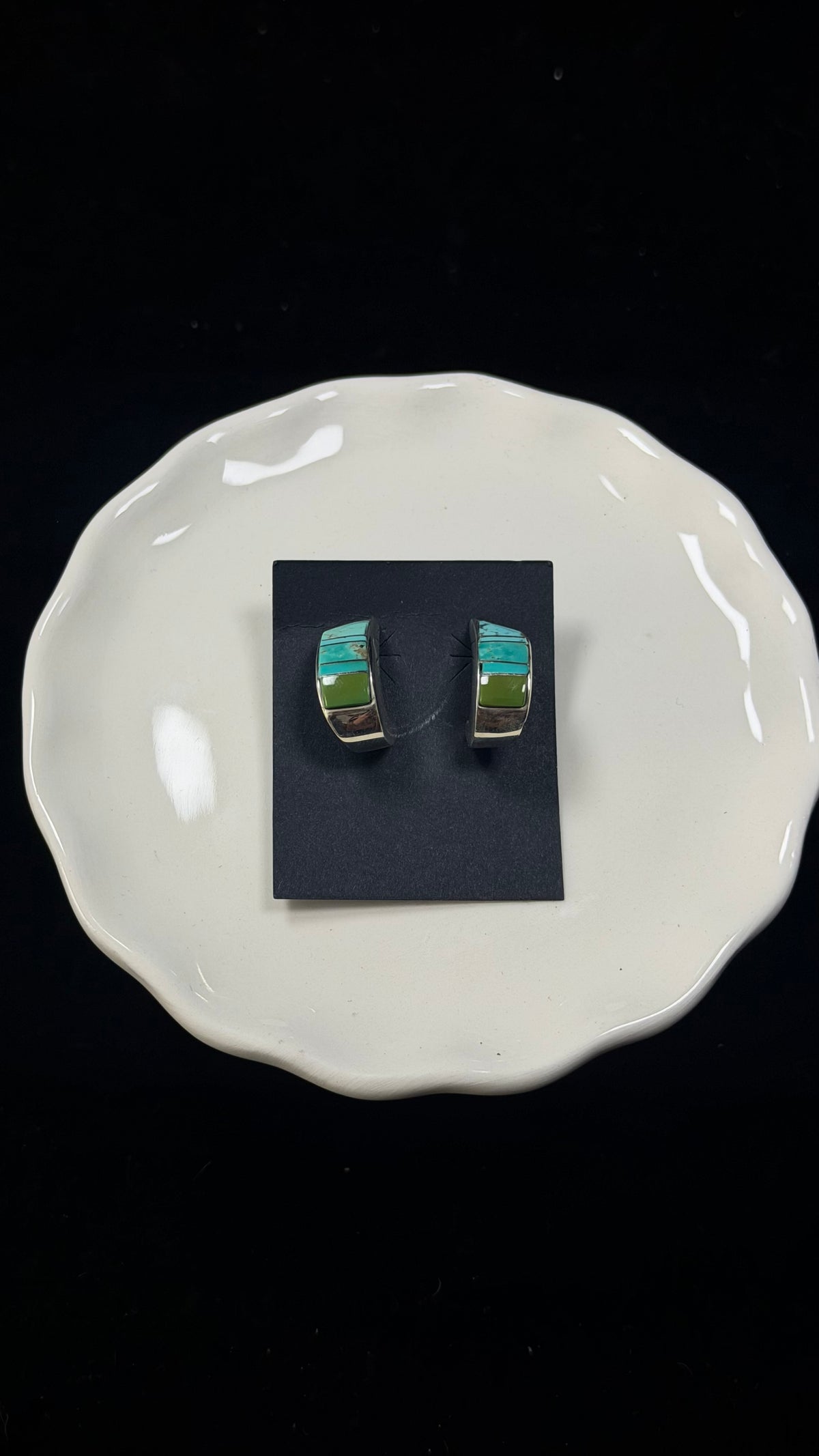 Navajo Made Mixed Turquoise & Sterling Silver Post Inlay Hoop Earrings