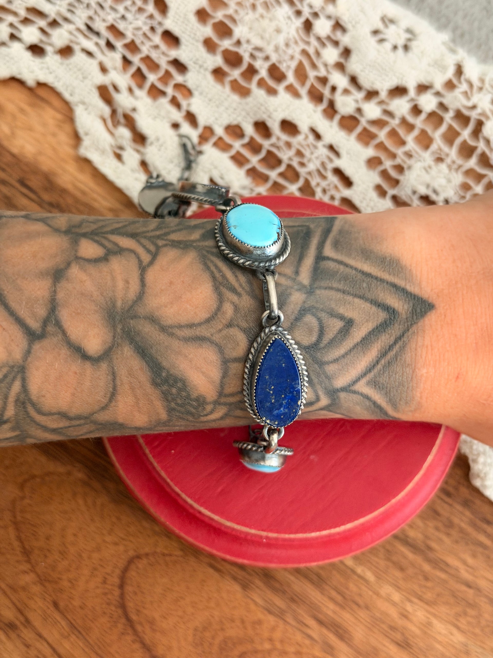 Navajo Made Multi Stone & Sterling Silver Link Bracelet