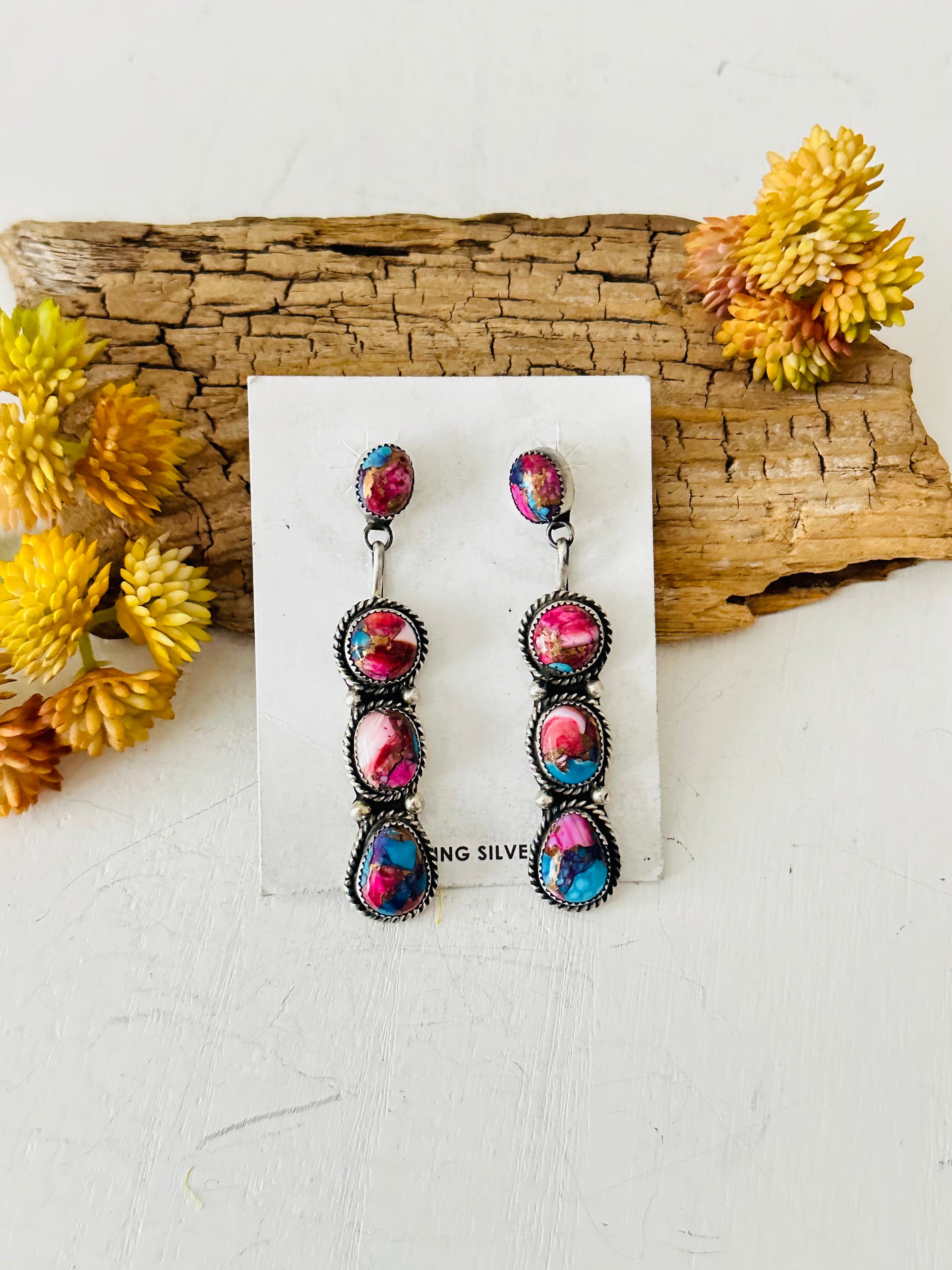 Judith Dixon Pink Mohave Turquoise & Sterling Silver Post Dangle Earrings