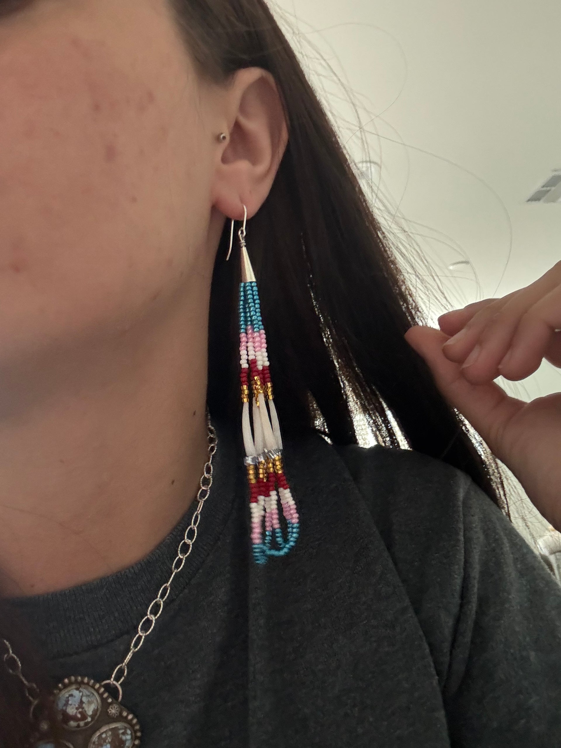 Navajo Strung Multi Stone & Sterling Silver Beaded Dangle Earrings