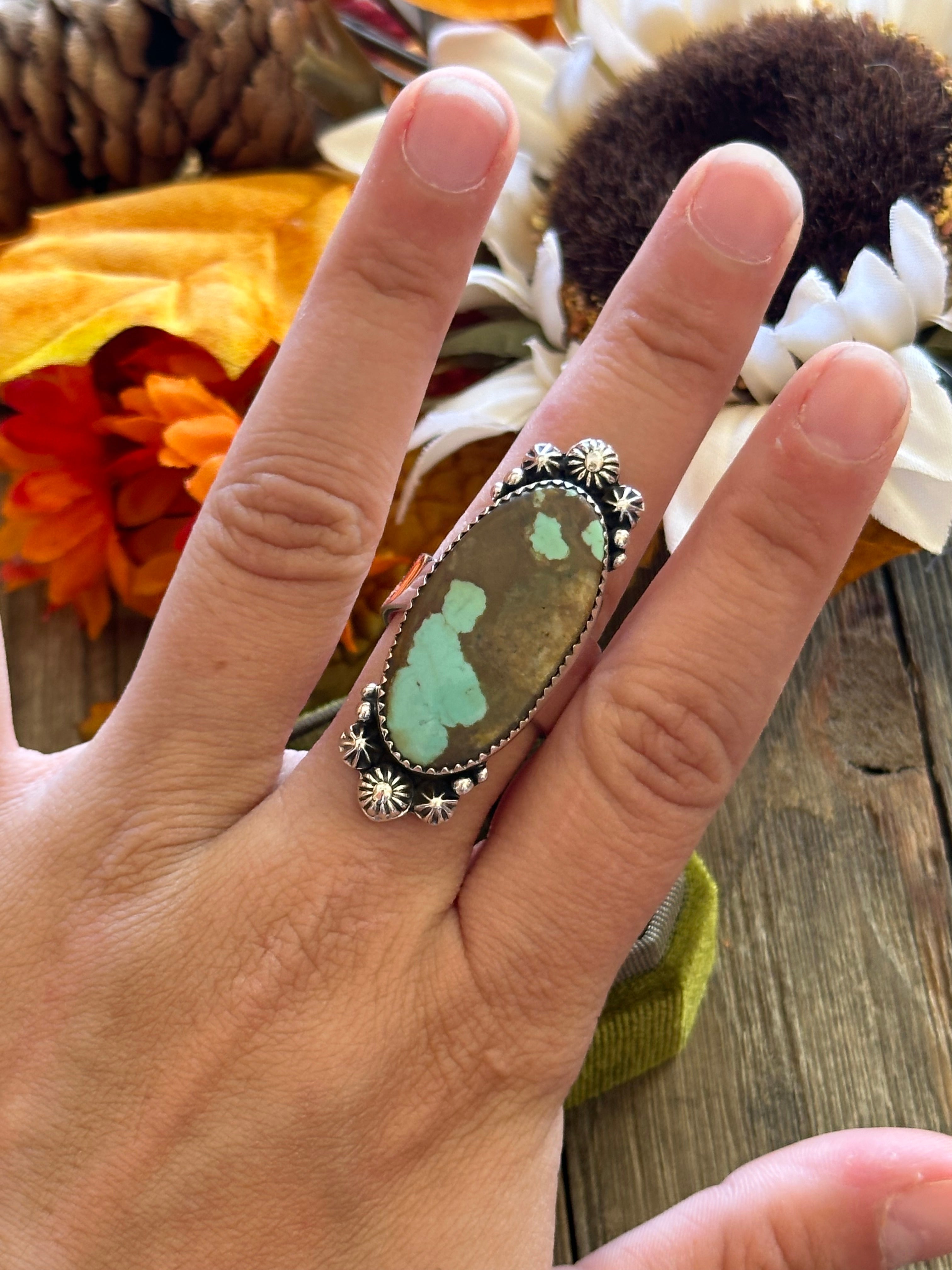 Southwest Handmade #8 Turquoise & Sterling Silver Adjustable Ring