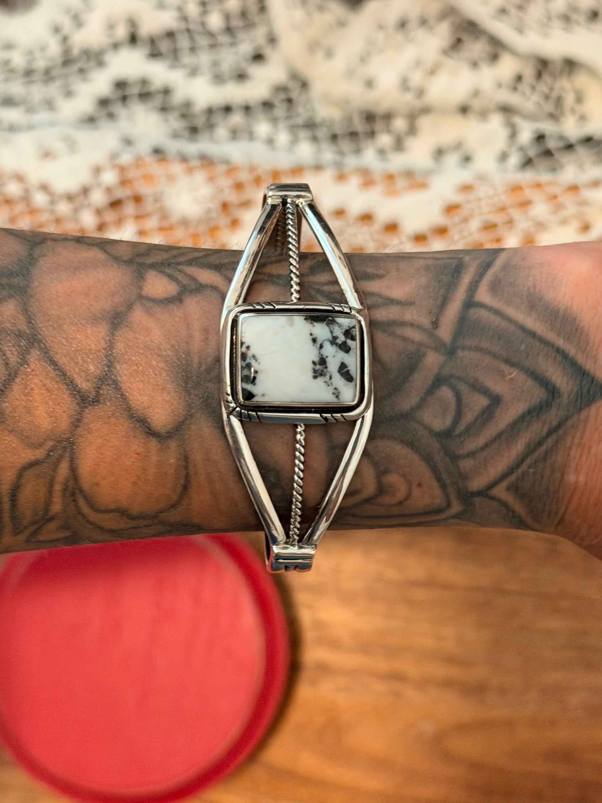 Navajo Made White Buffalo & Sterling Silver Cuff Bracelet