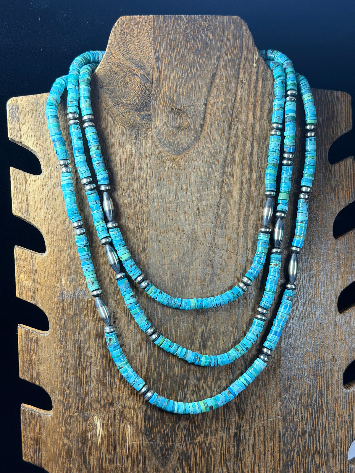 Navajo Made Strung Heshi Turquoise & Sterling Silved Machine Made Pearl 20” Necklace