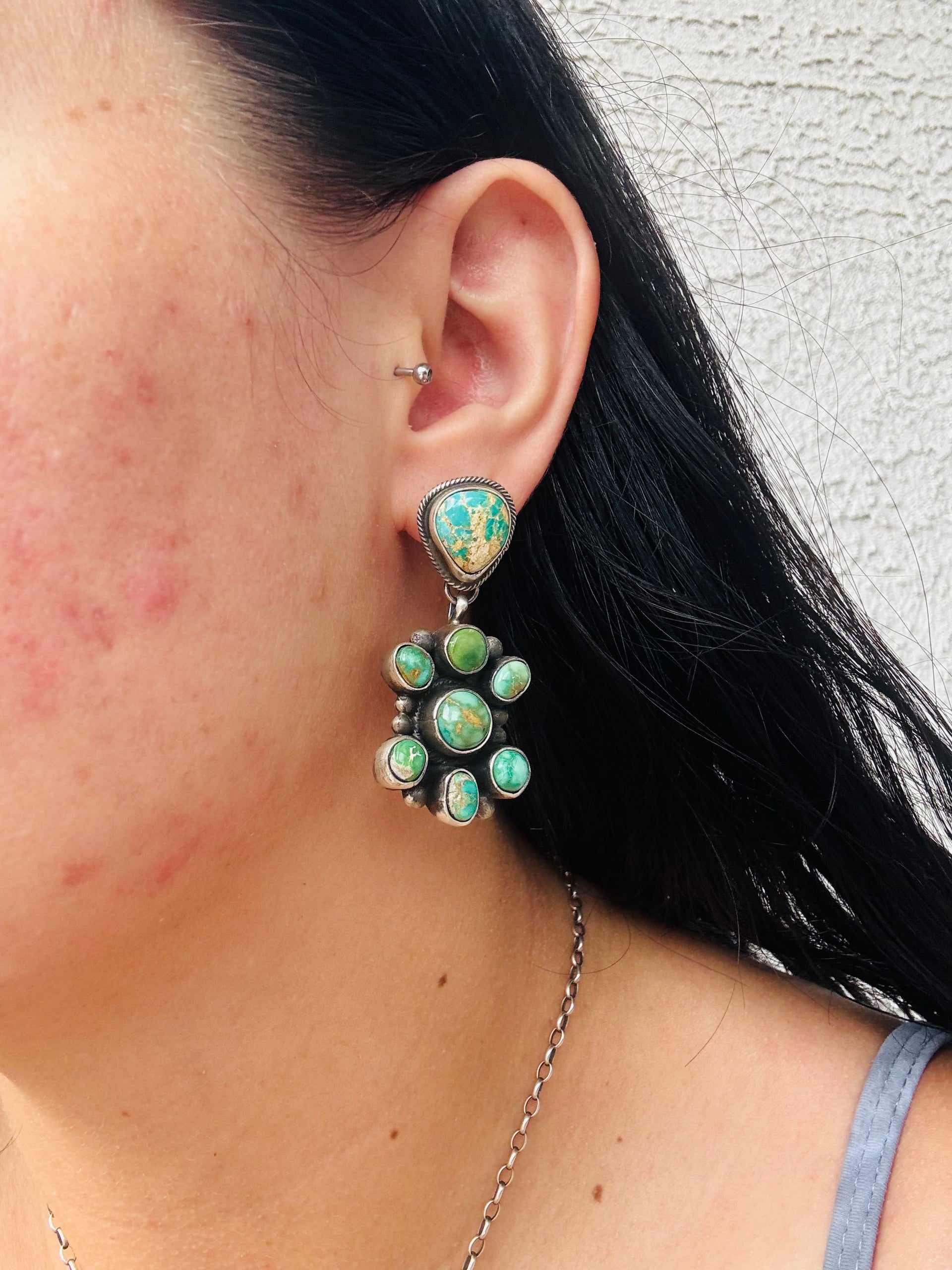 Sheila Becenti Royston Turquoise & Sterling Silver Post Dangle Cluster Earrings