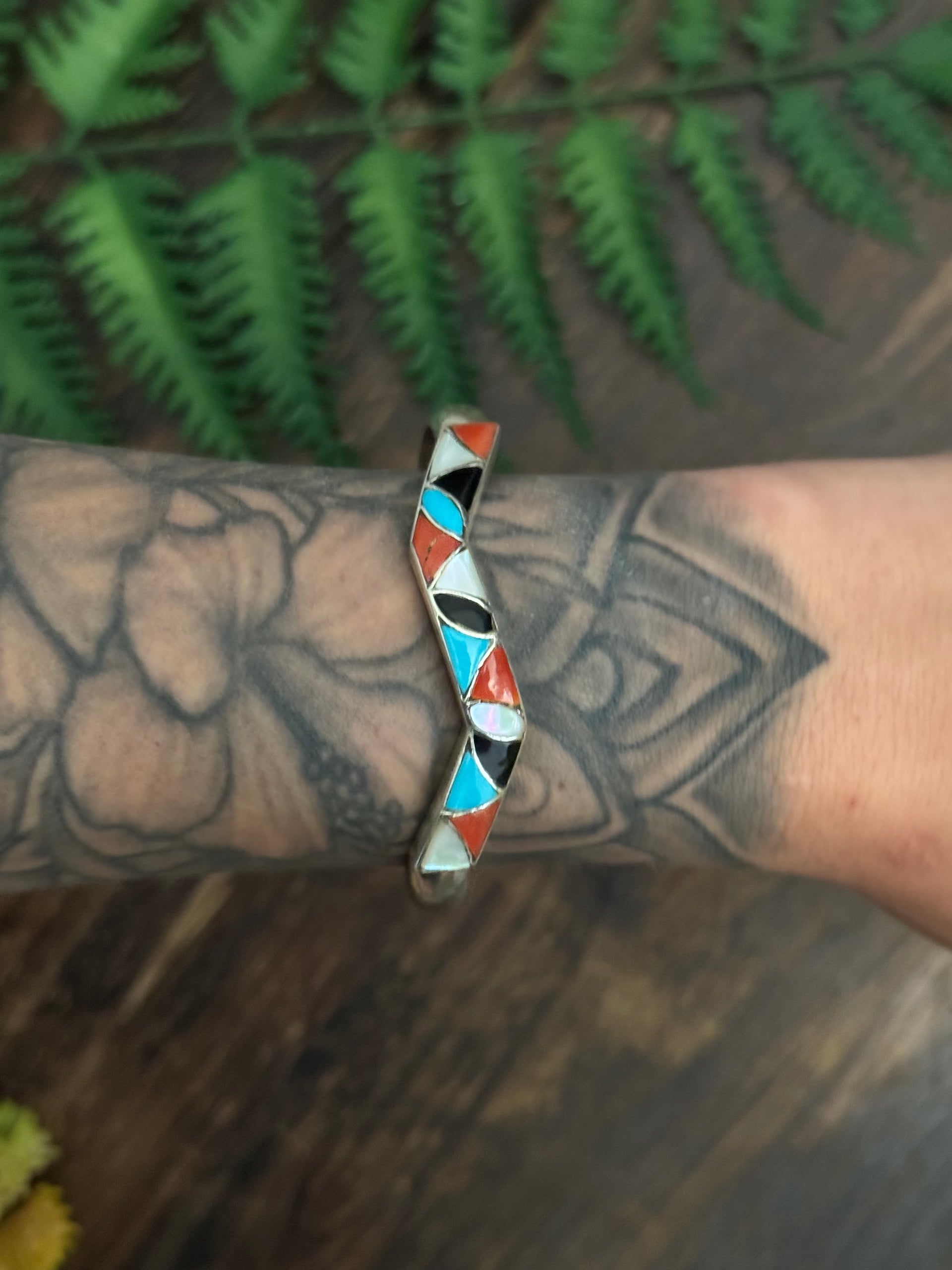 Zuni Made Multi Stone & Sterling Silver Inlay Cuff Bracelet