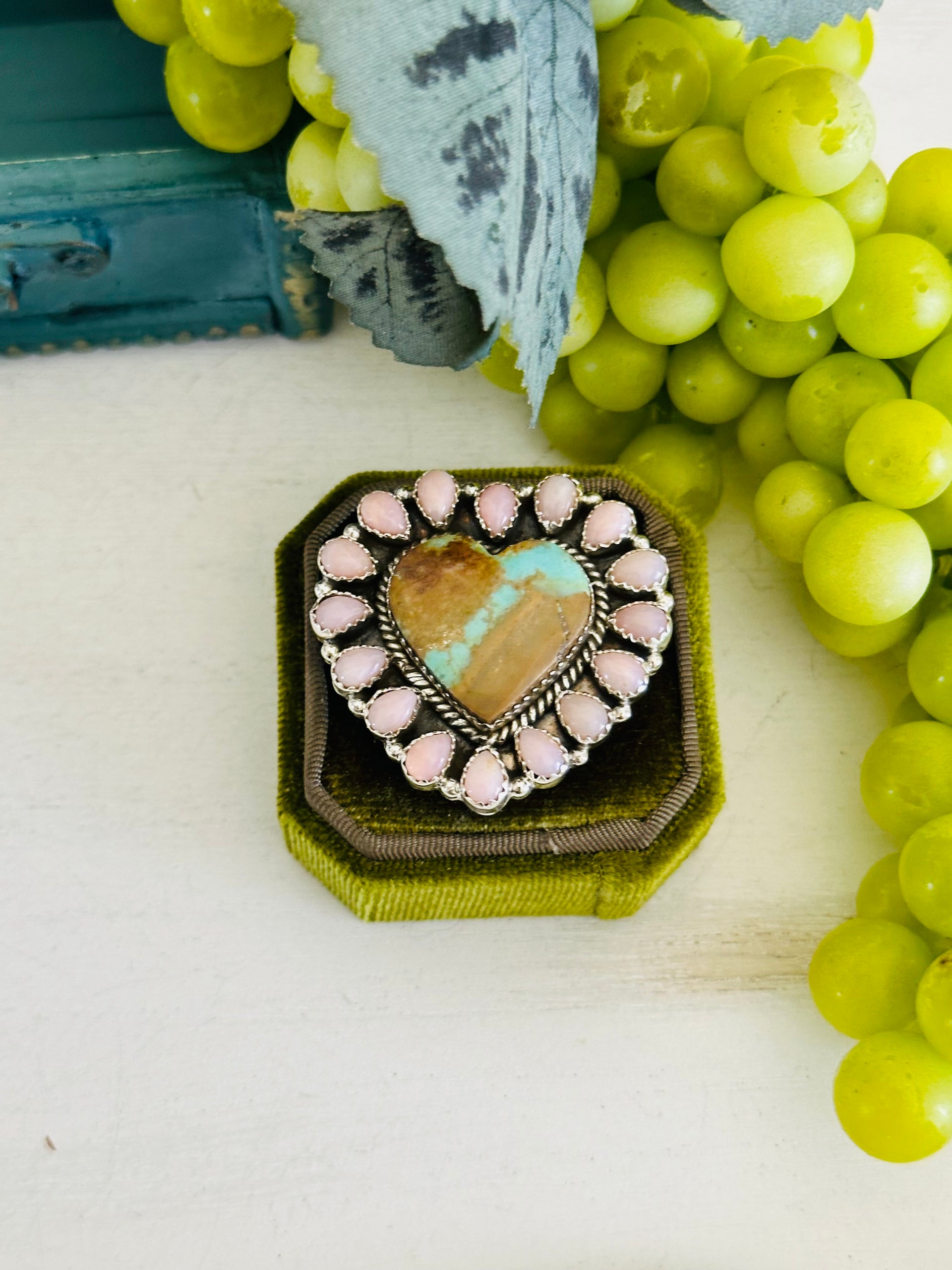 Southwest Handmade Multi Stone & Sterling Silver Cluster Adjustable Heart Ring