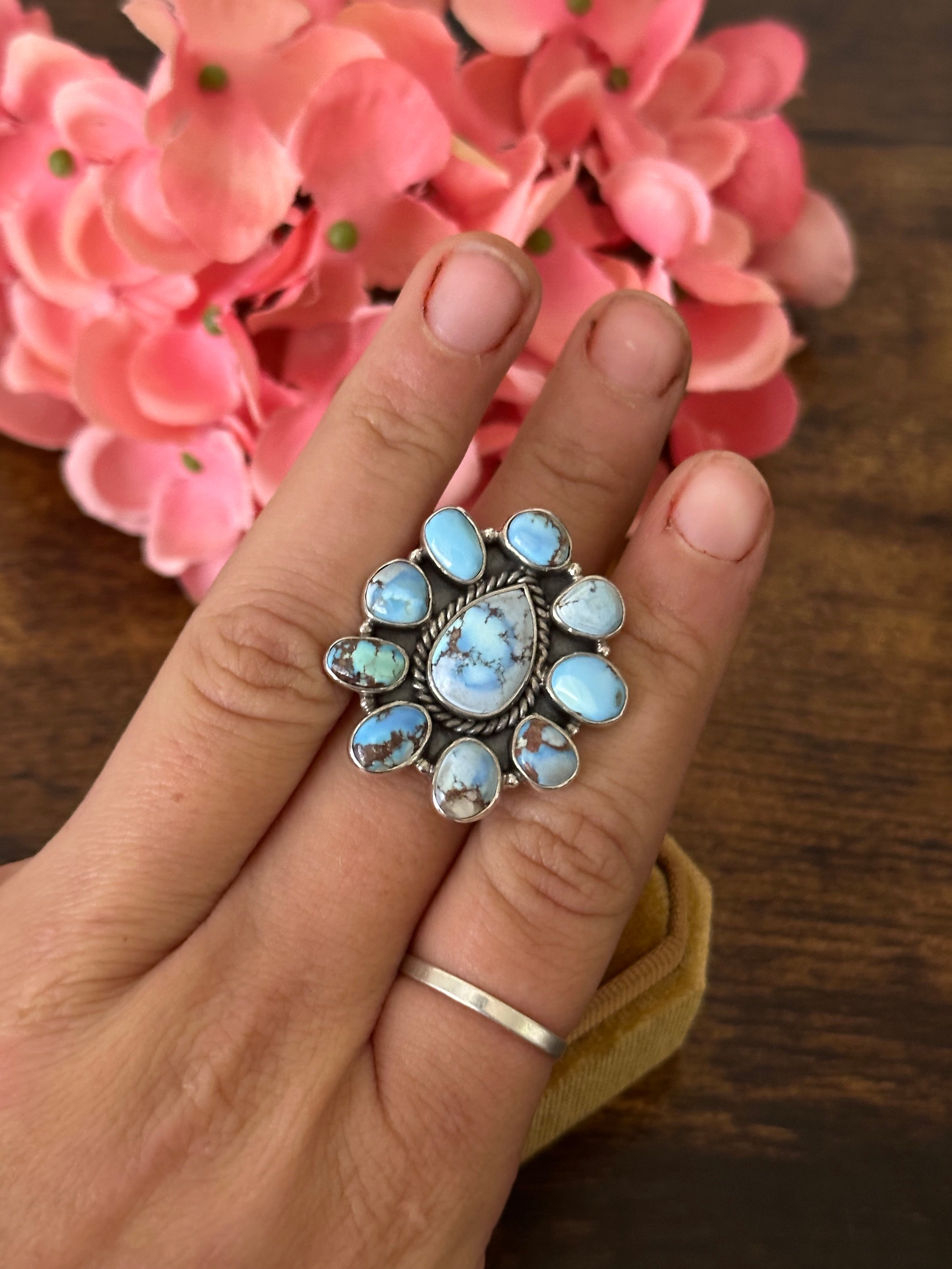 Southwest Handmade Golden Hills Turquoise & Sterling Silver Cluster Adjustable Ring