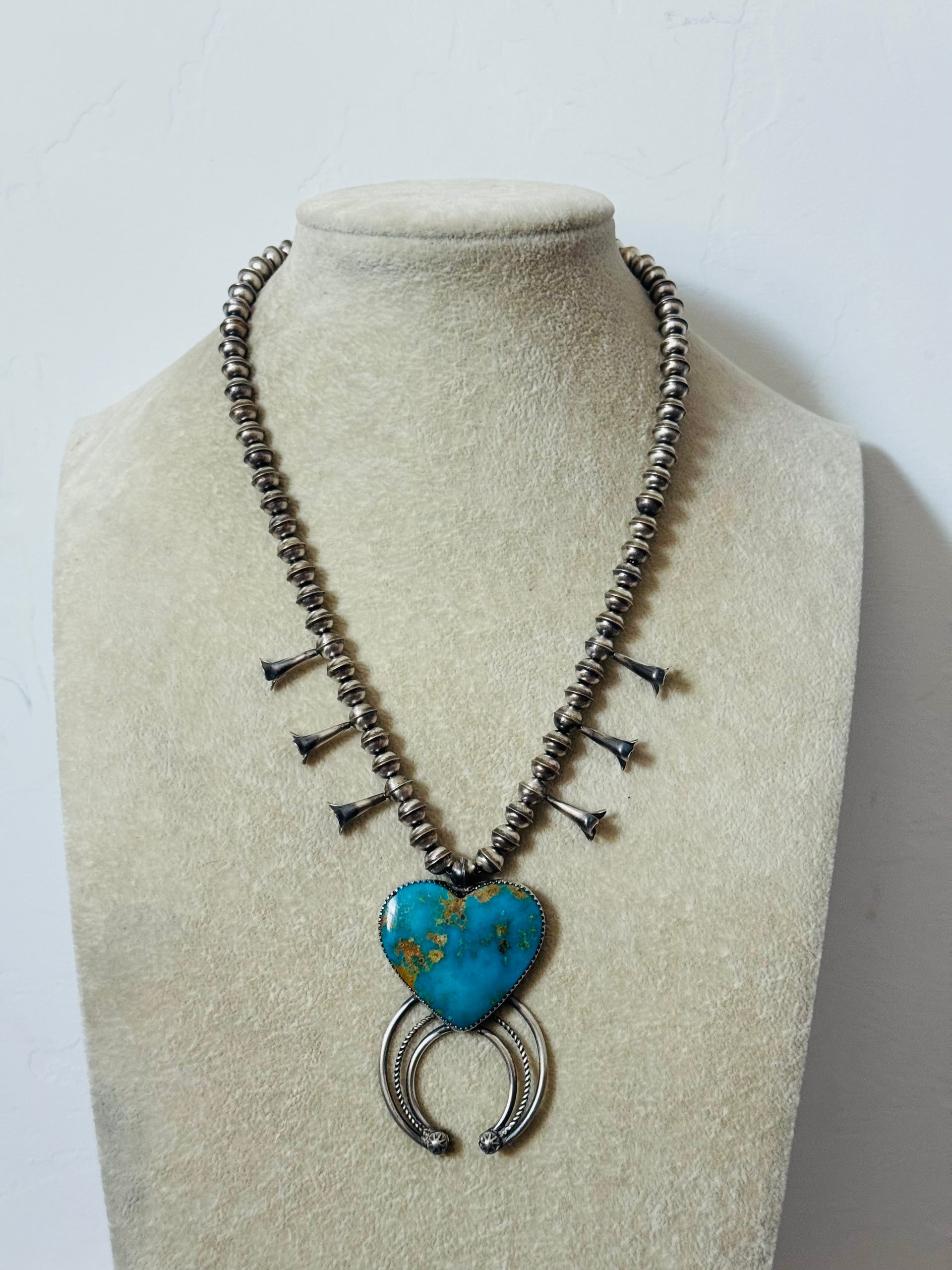 Navajo Made Campitos Turquoise & Sterling Silver Squash Blossom Necklace