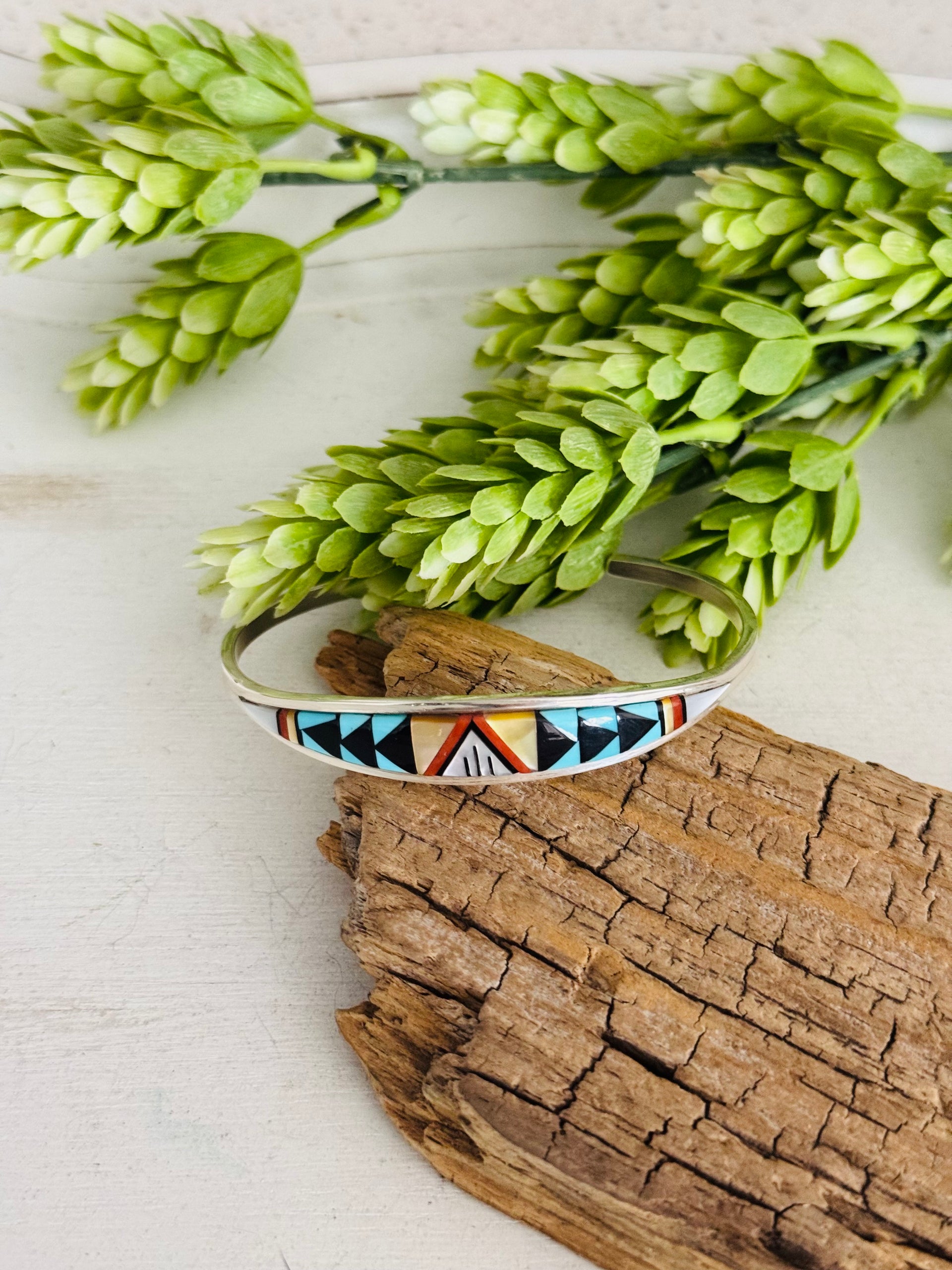 Lynette Booqua Multi Stone & Sterling Silver Inlay Cuff Bracelet