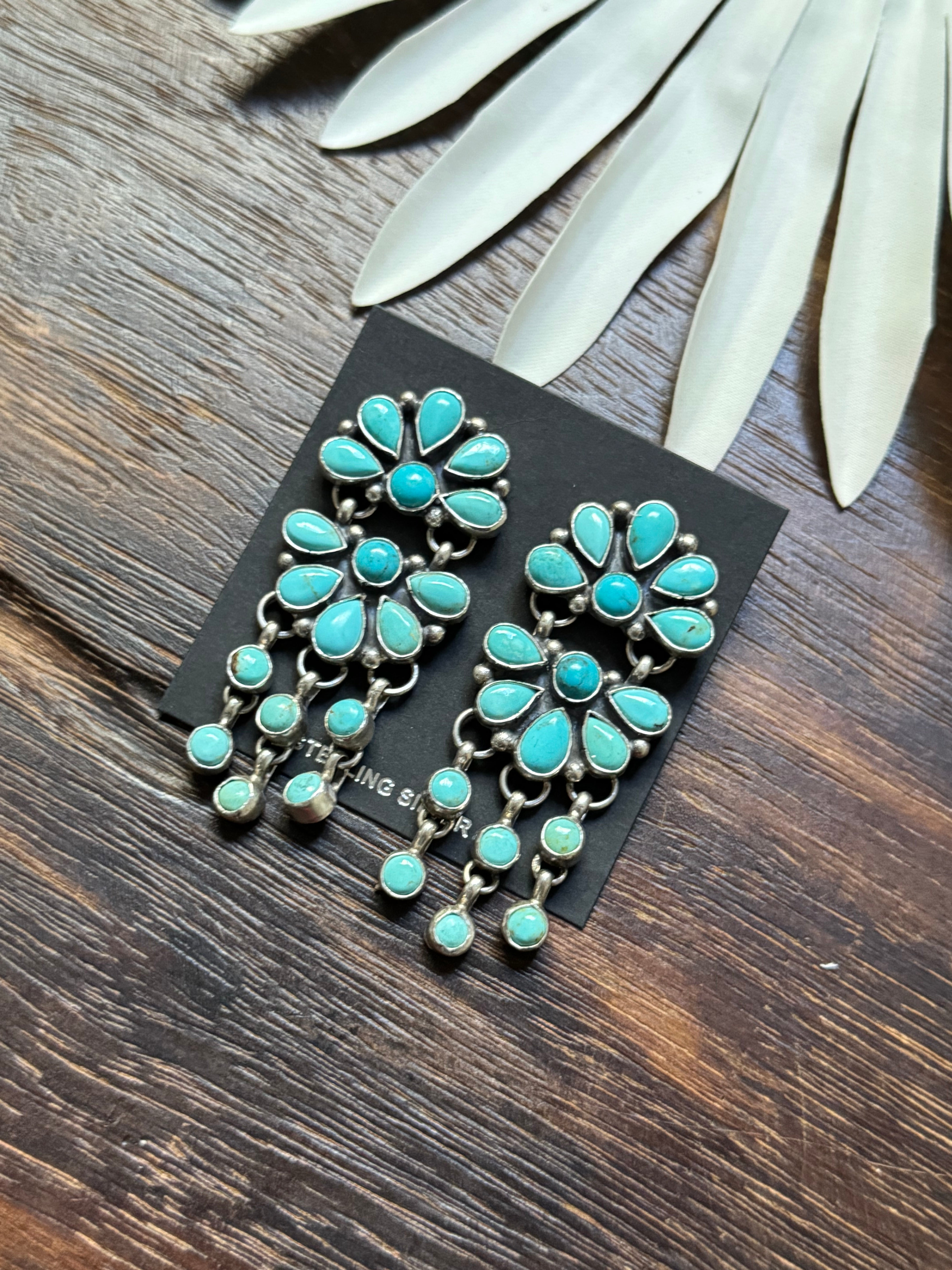 Navajo Made Kingman Turquoise & Sterling Silver Post Dangle Cluster Earrings