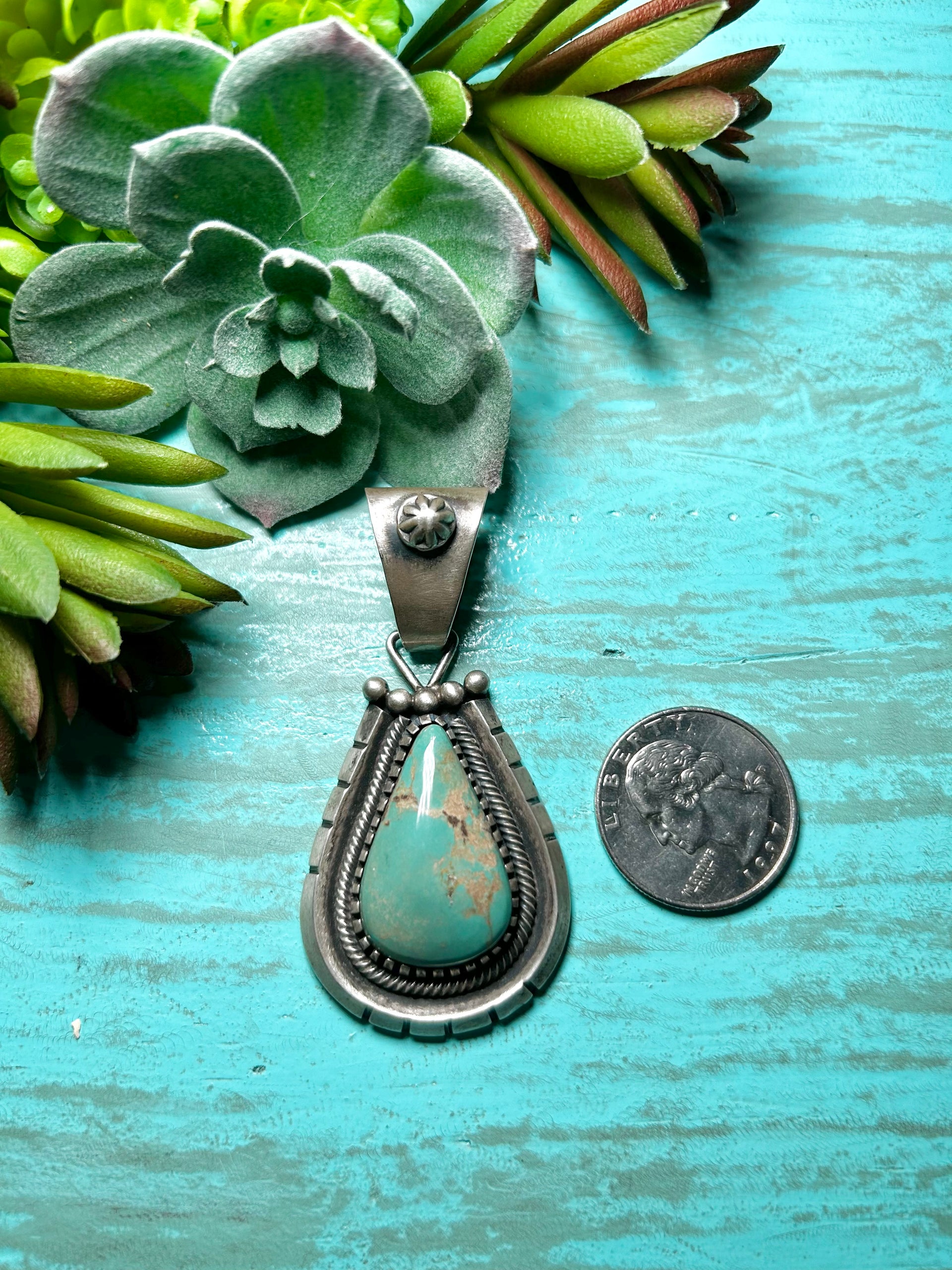 Navajo Made Kingman Turquoise & Sterling Silver Pendant