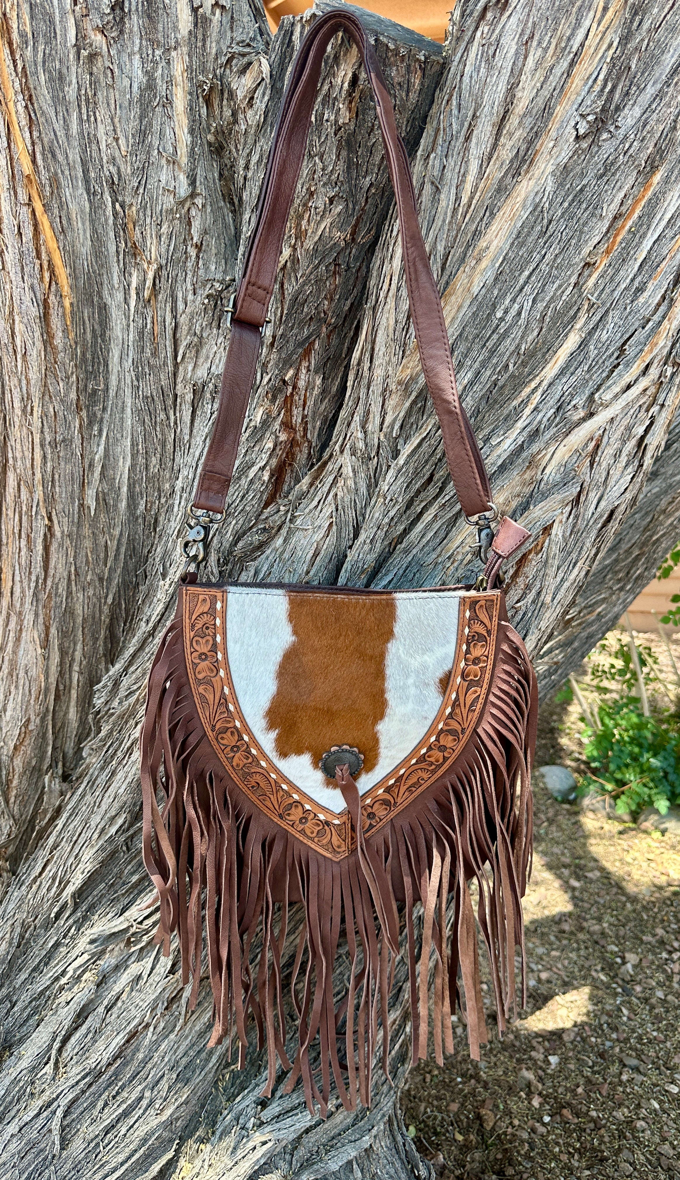 Genuine Tooled Leather & Cowhide Fringe Purse