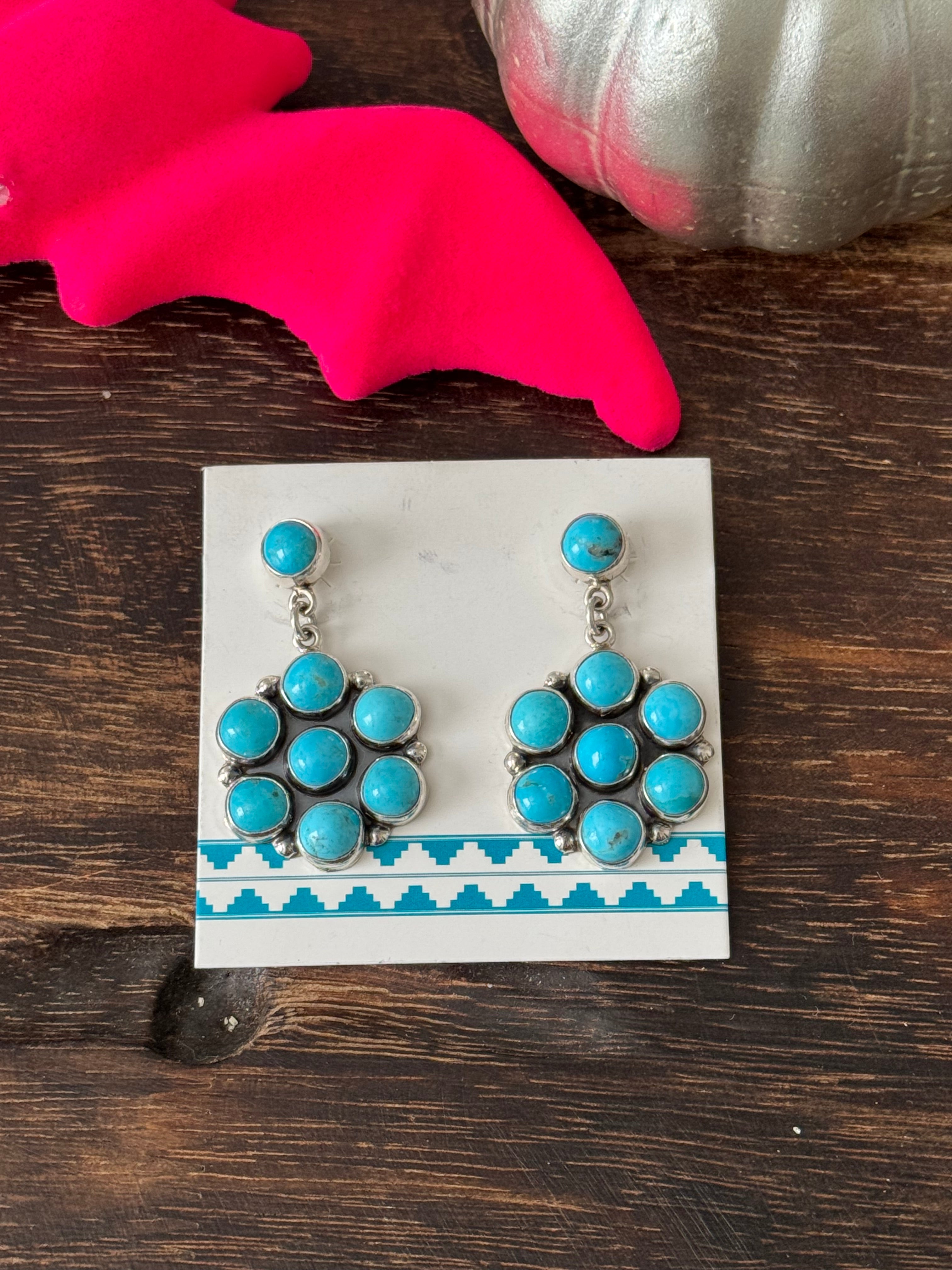 Navajo Handmade Kingman Turquoise & Sterling Silver Cluster Post Dangle Earrings