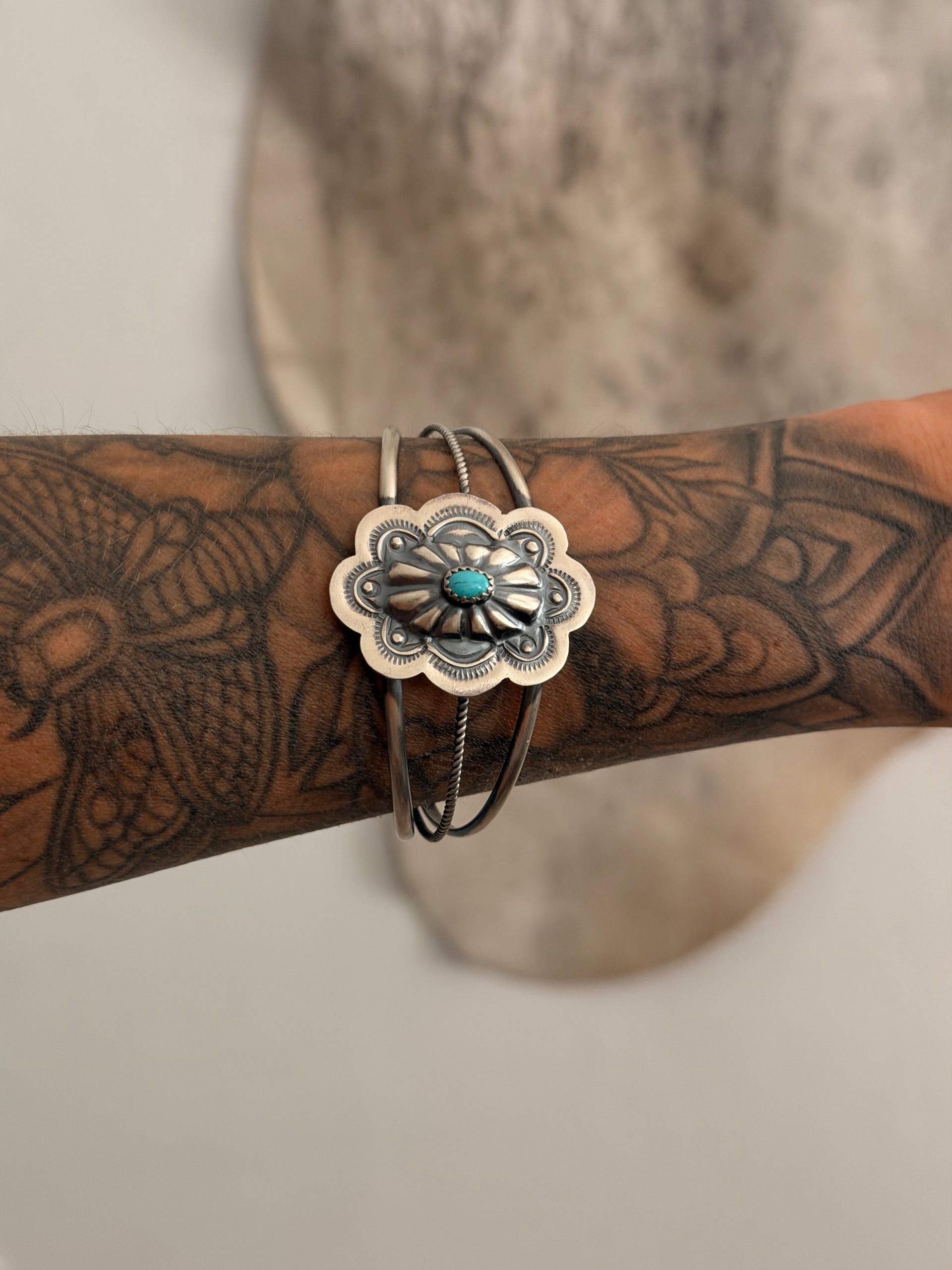 Lavina Benally Kingman Turquoise & Sterling Silver Concho Cuff Bracelet