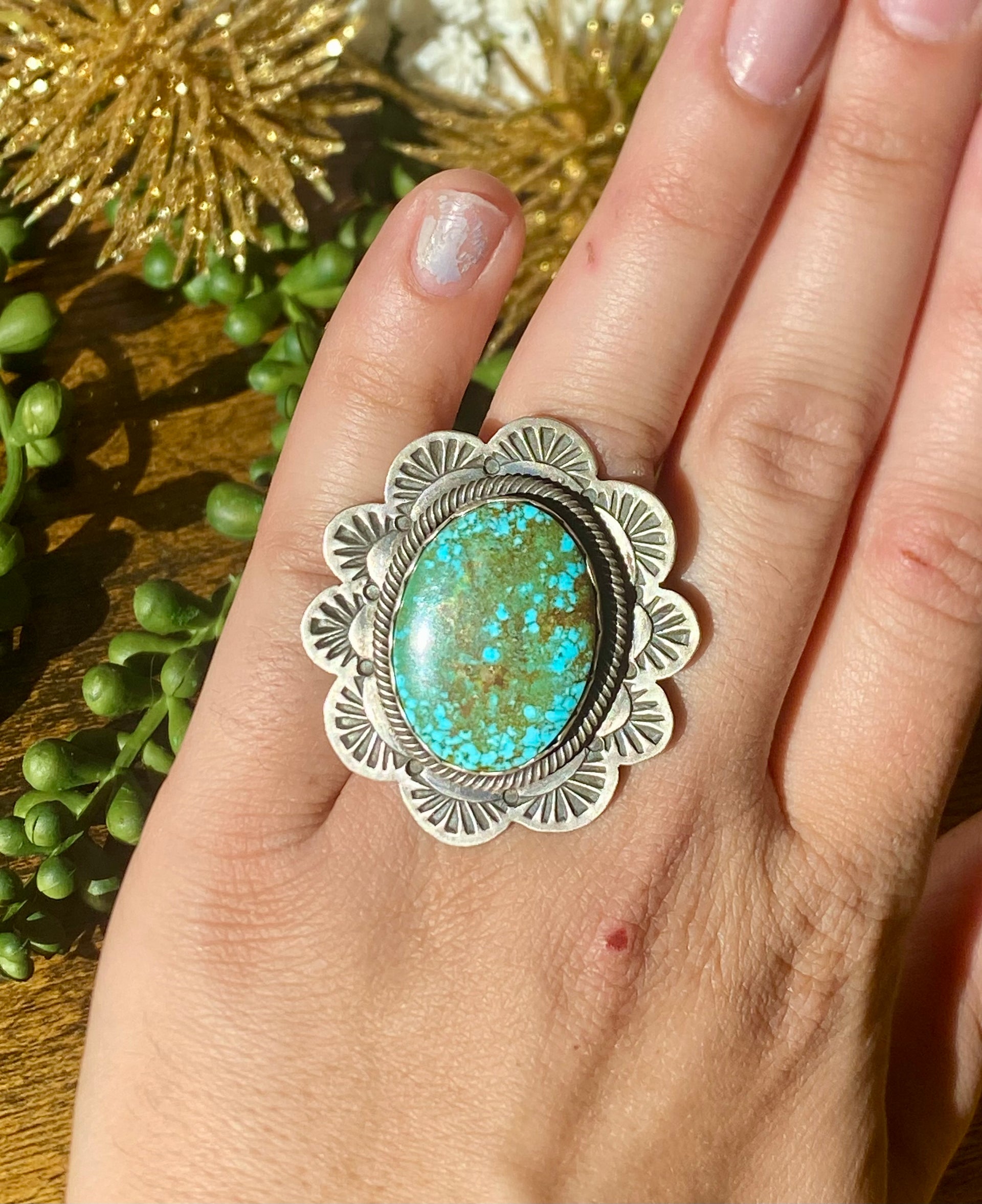 Marie Tsosie Birdseye Kingman Turquoise Ring Size 11