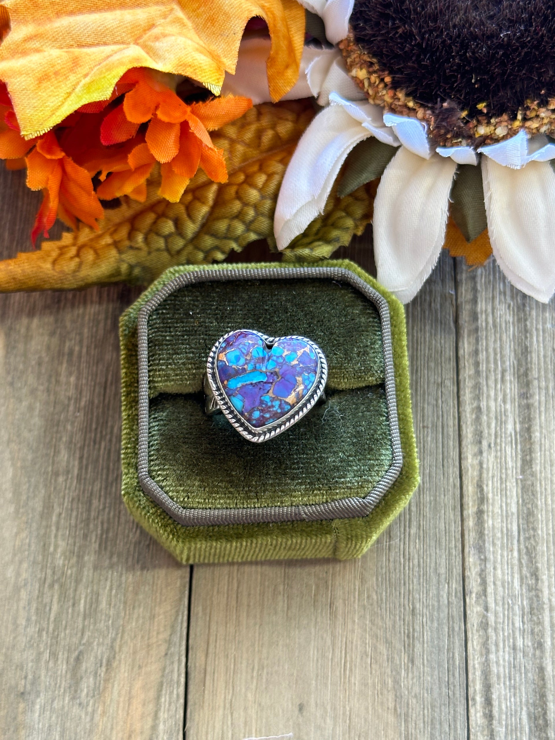 Southwest Handmade Mohave Turquoise & Sterling Silver Adjustable Heart Ring