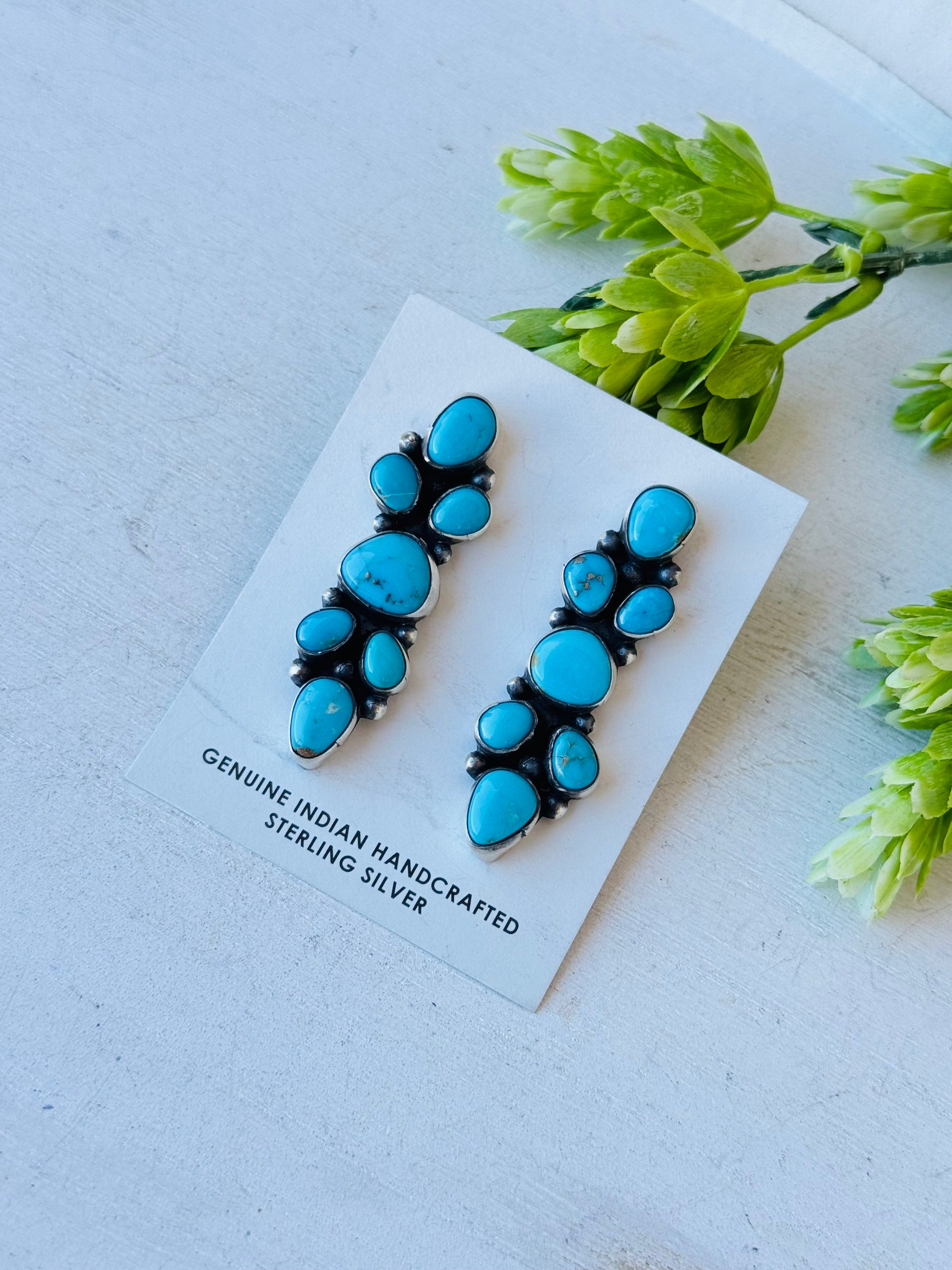 Sheila Becenti Kingman Turquoise & Sterling Silver Post Dangle Cluster Earrings