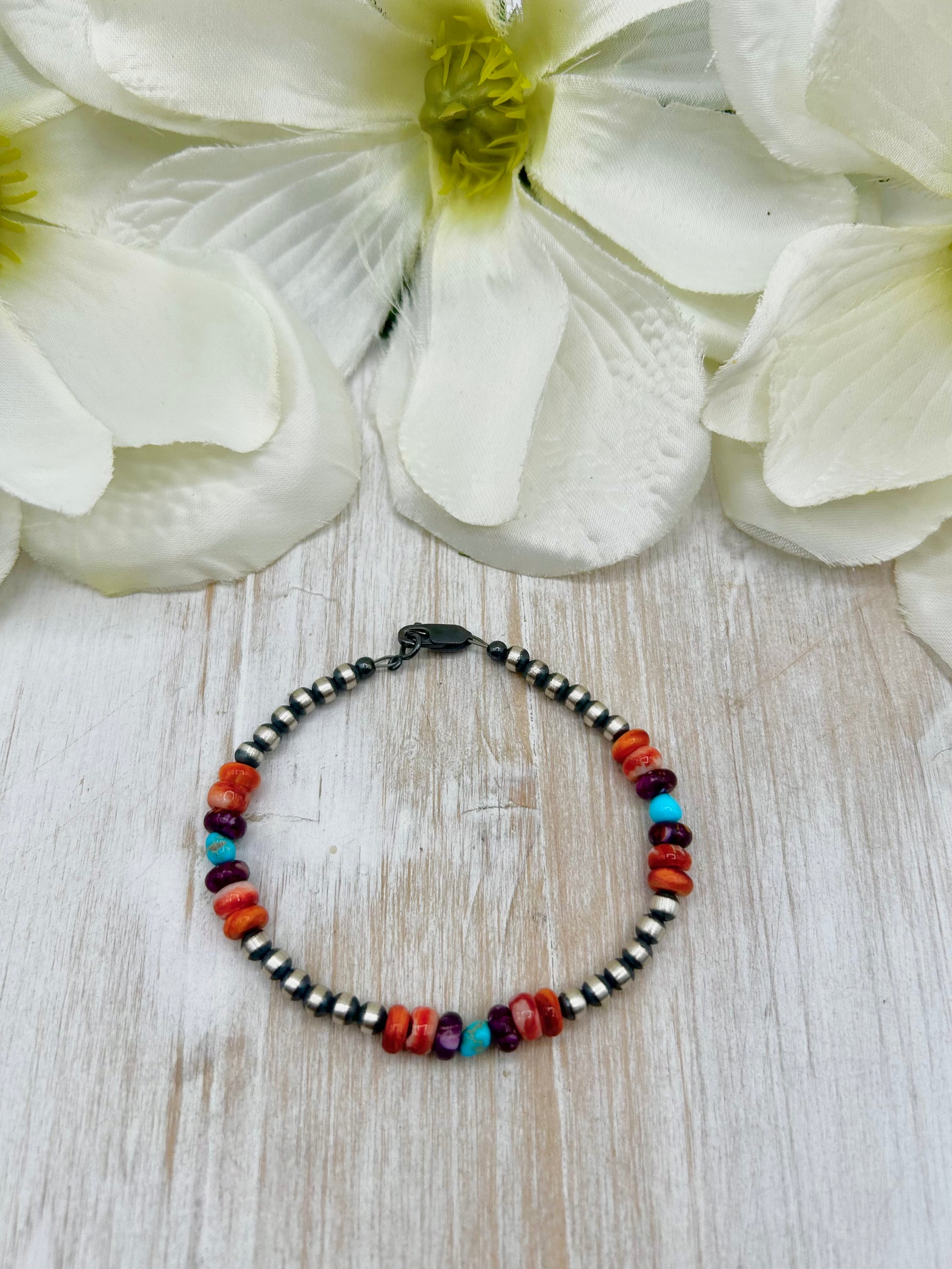 Navajo Made Strung Multi Stone & Sterling Silver Link Bracelet