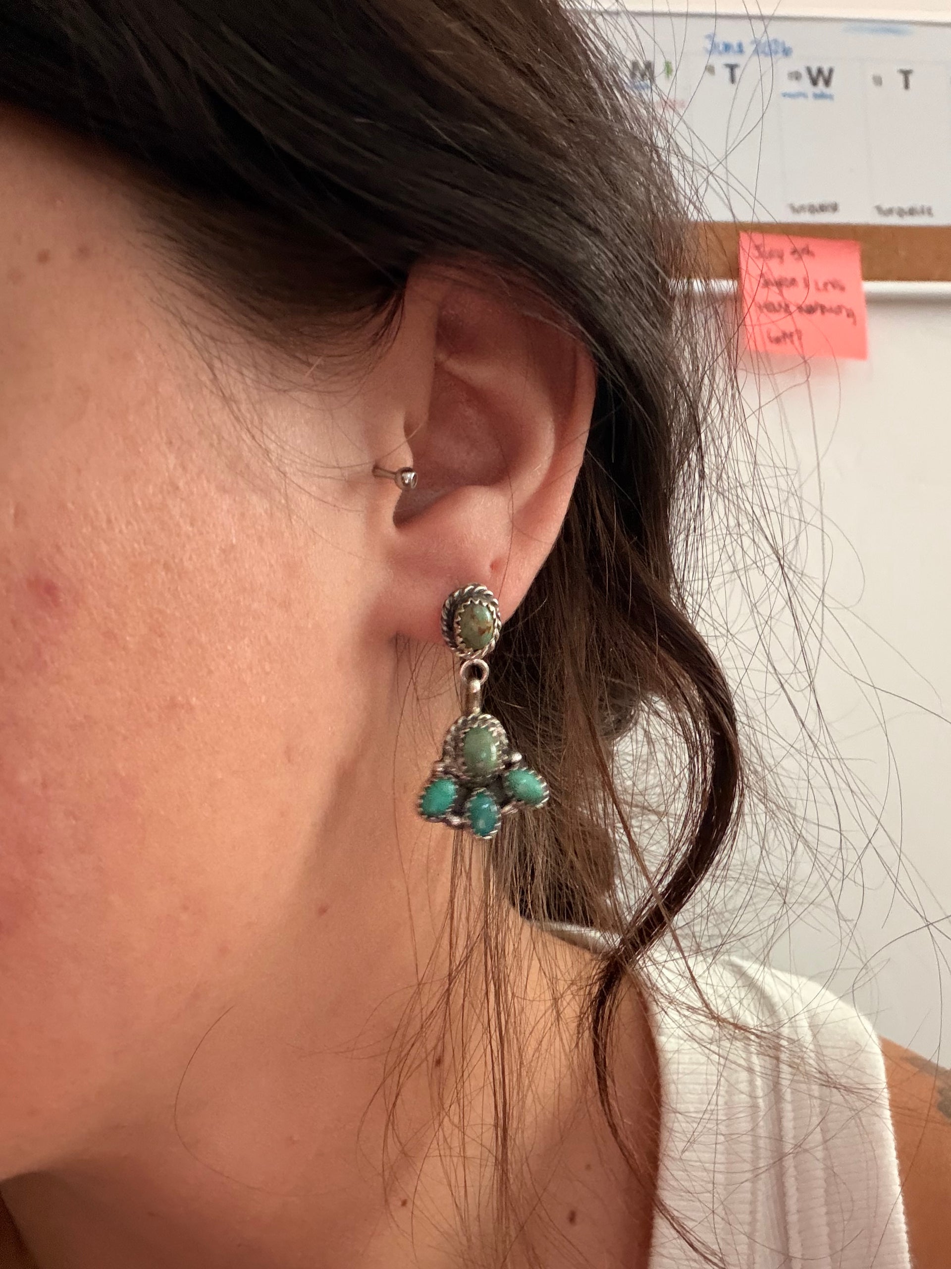 Annie Spencer Kingman Turquoise & Sterling Silver Cluster Post Dangle Earrings