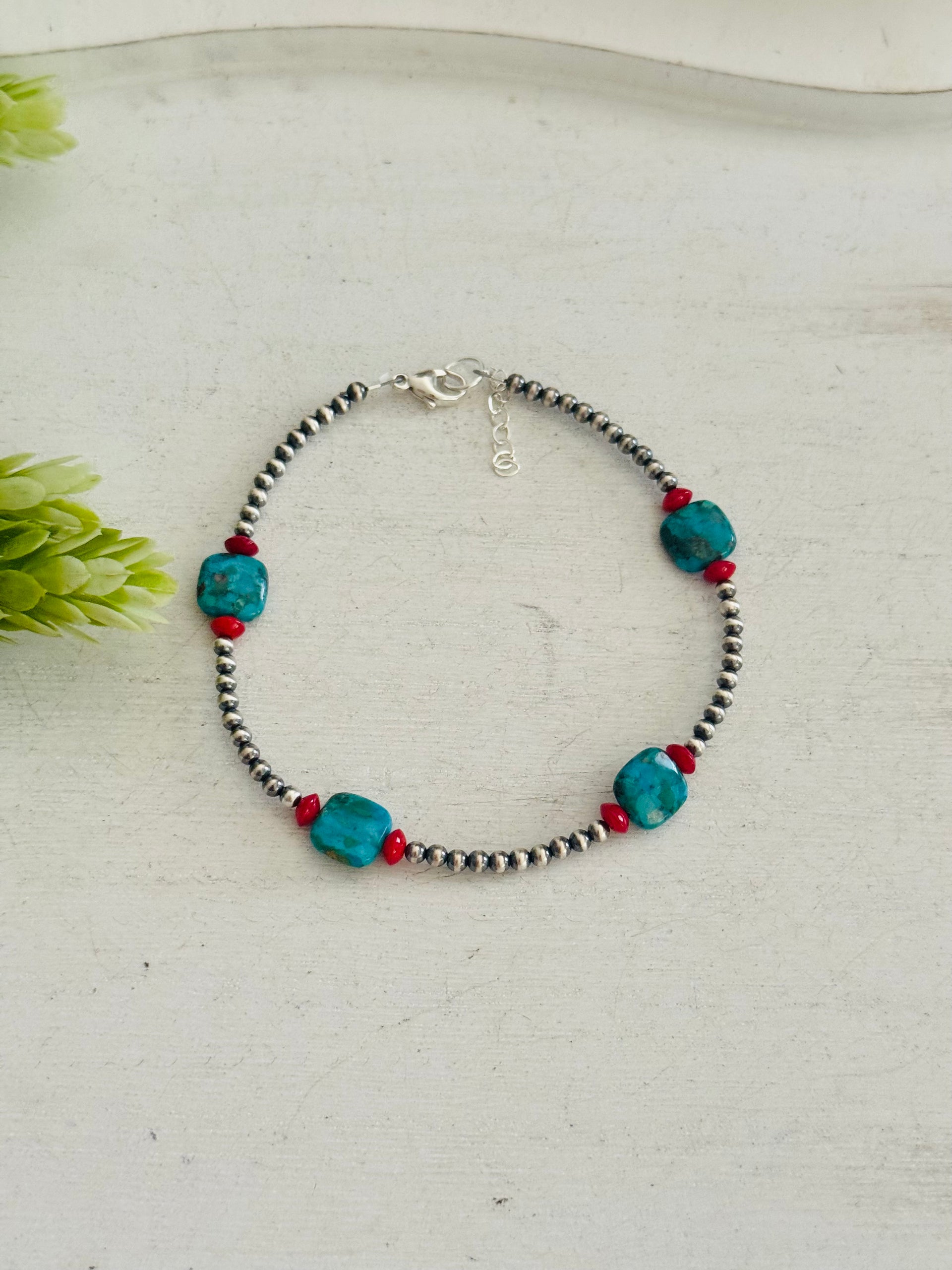 Southwest Strung Multi Stone & Sterling Silver Beaded Anklet