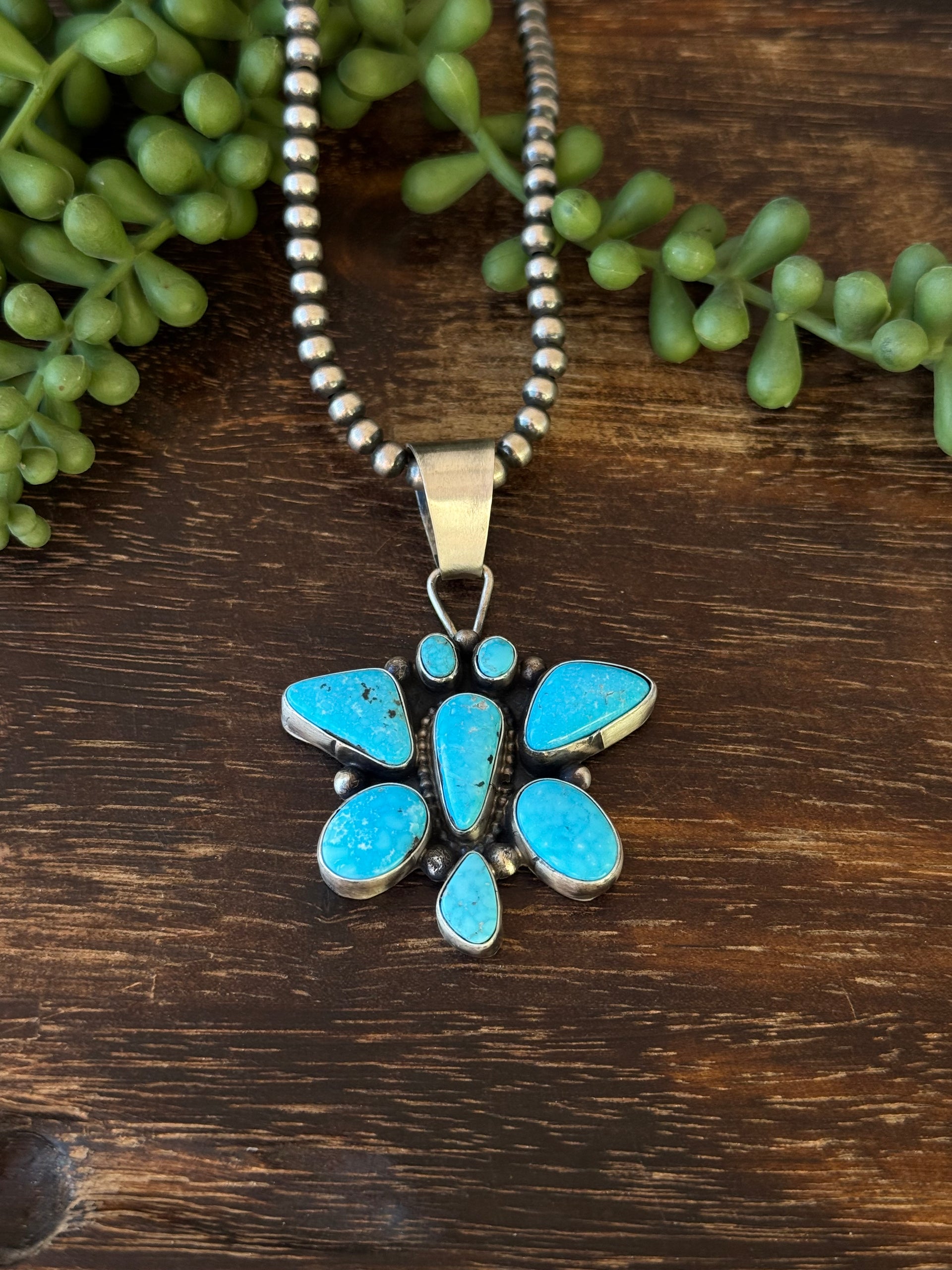 Navajo Made Blue Ridge Turquoise & Sterling Silver Cluster Pendant