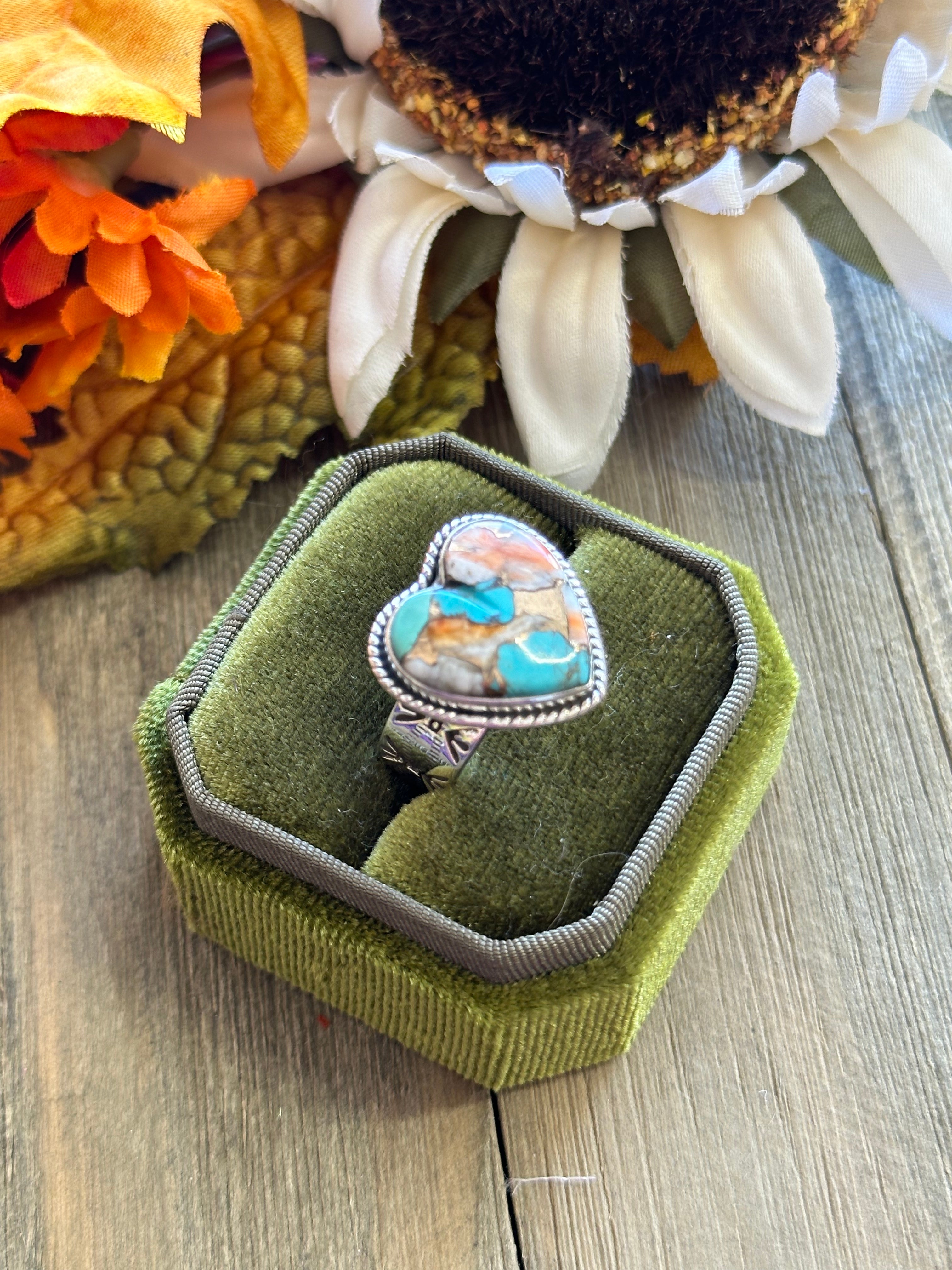 Southwest Handmade Mohave Turquoise & Sterling Silver Adjustable Heart Ring