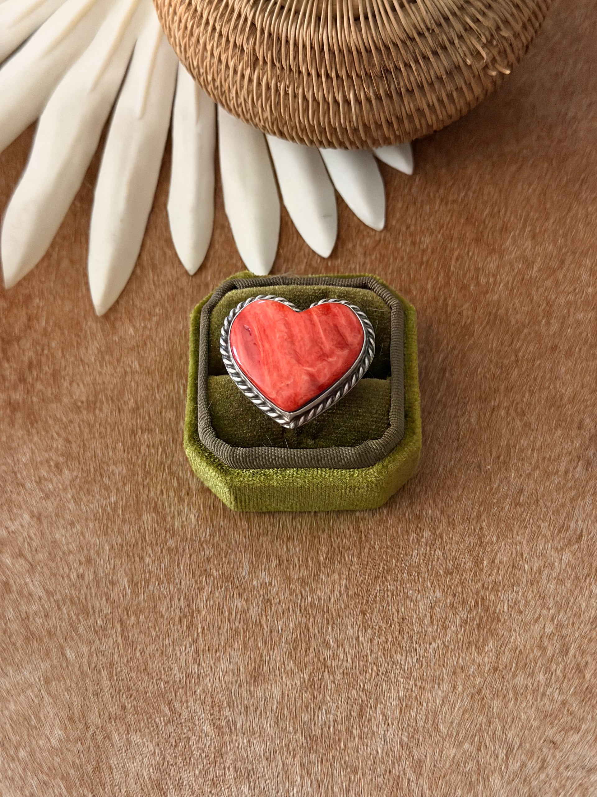 Navajo Made Red Spiny Oyster & Sterling Silver Adjustable Heart Ring