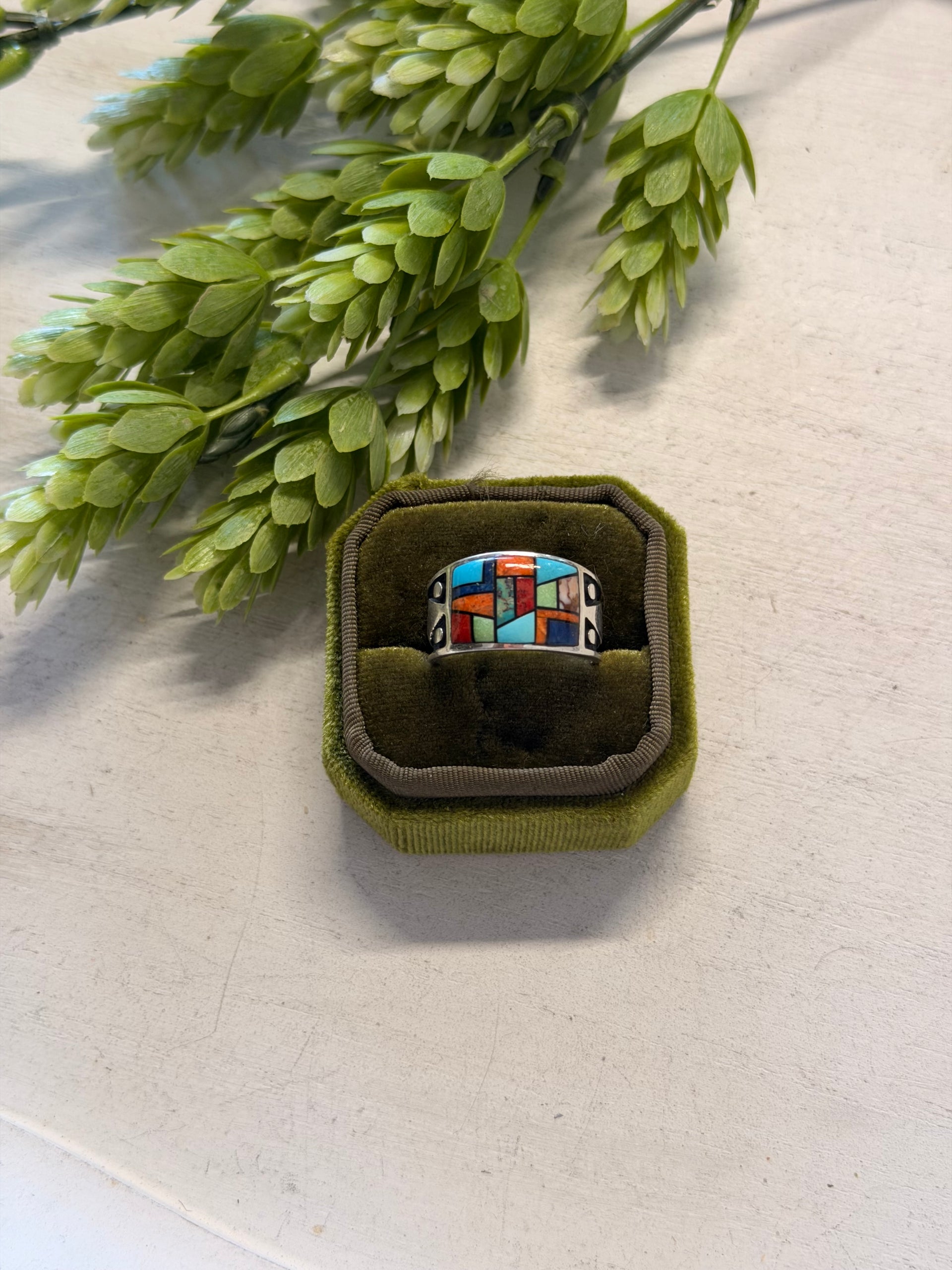Navajo Made Multi Stone & Sterling Silver Inlay Ring Size 10.25