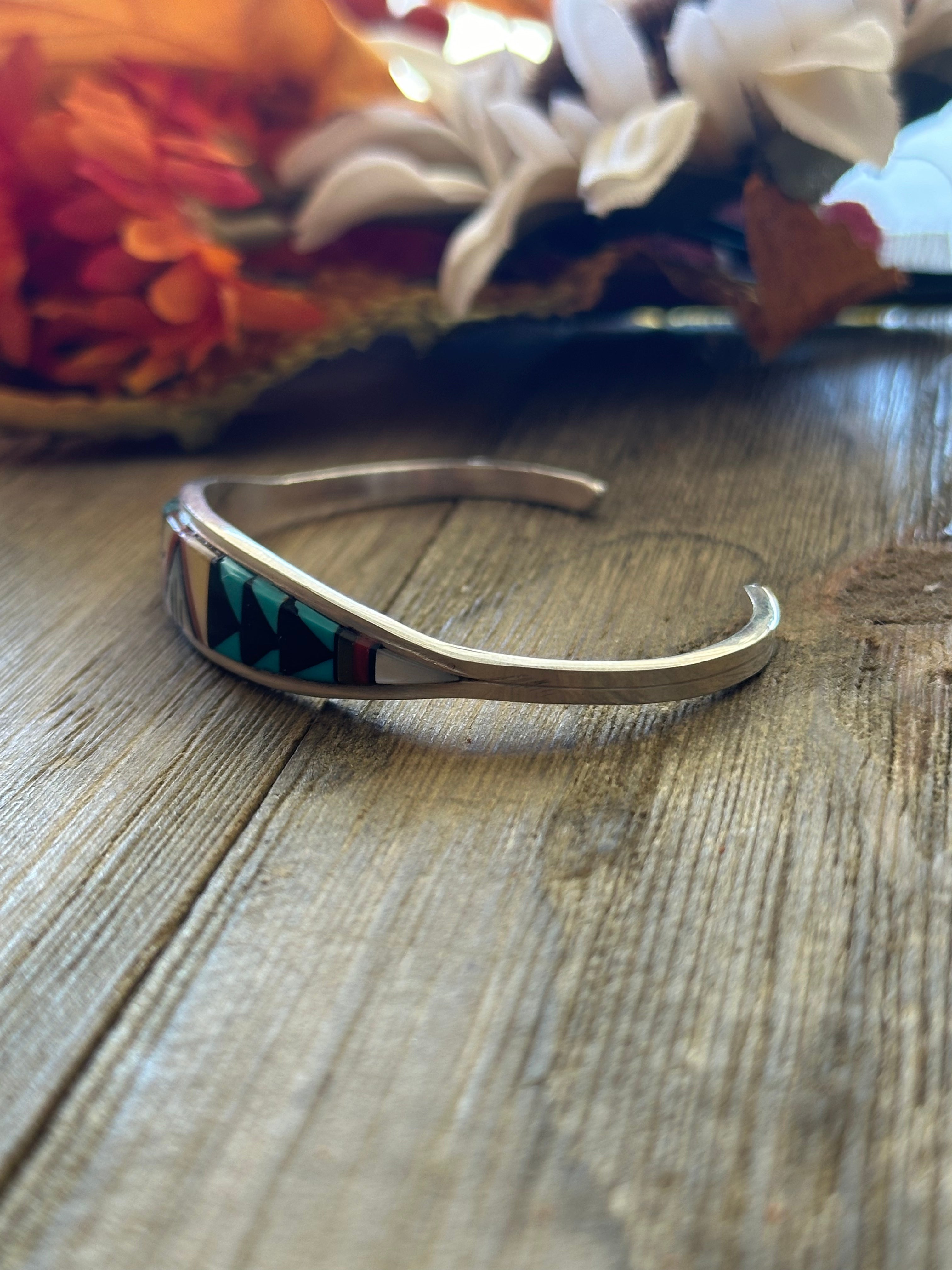 Zuni Made Multi Stone & Sterling Silver Inlay Cuff Bracelet