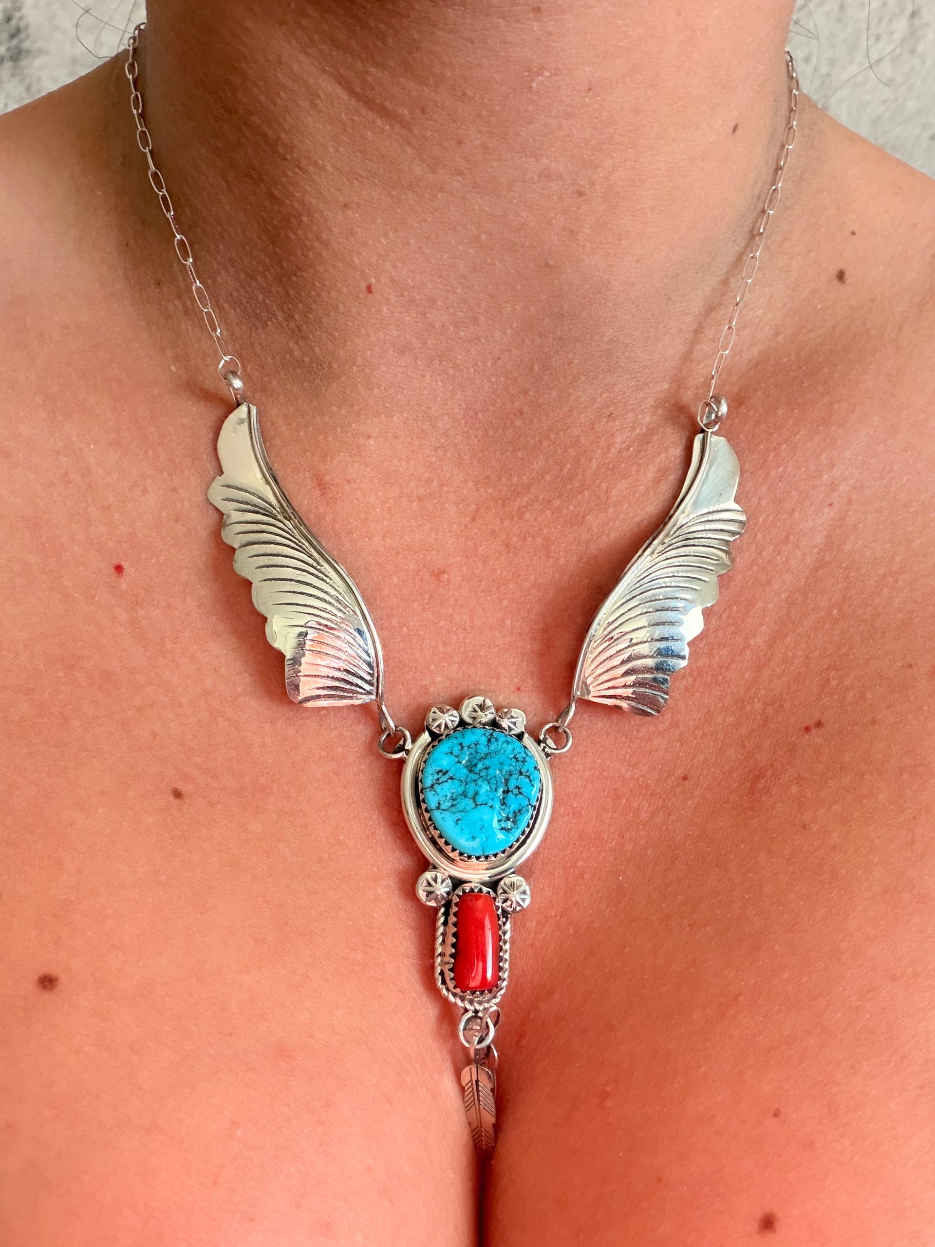 Navajo Made Multi Stone & Sterling Silver Feather Necklace