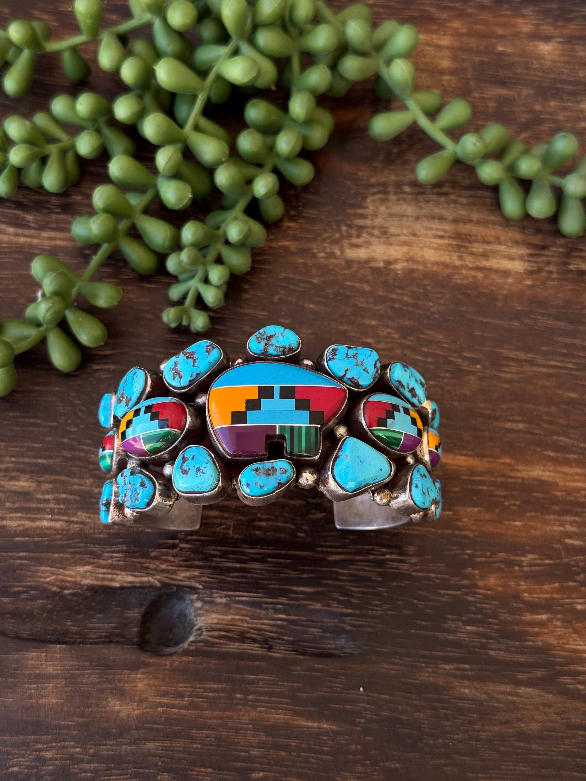 Vintage Jack Bly Multi Stone & Sterling Silver Inlay Cuff Bracelet