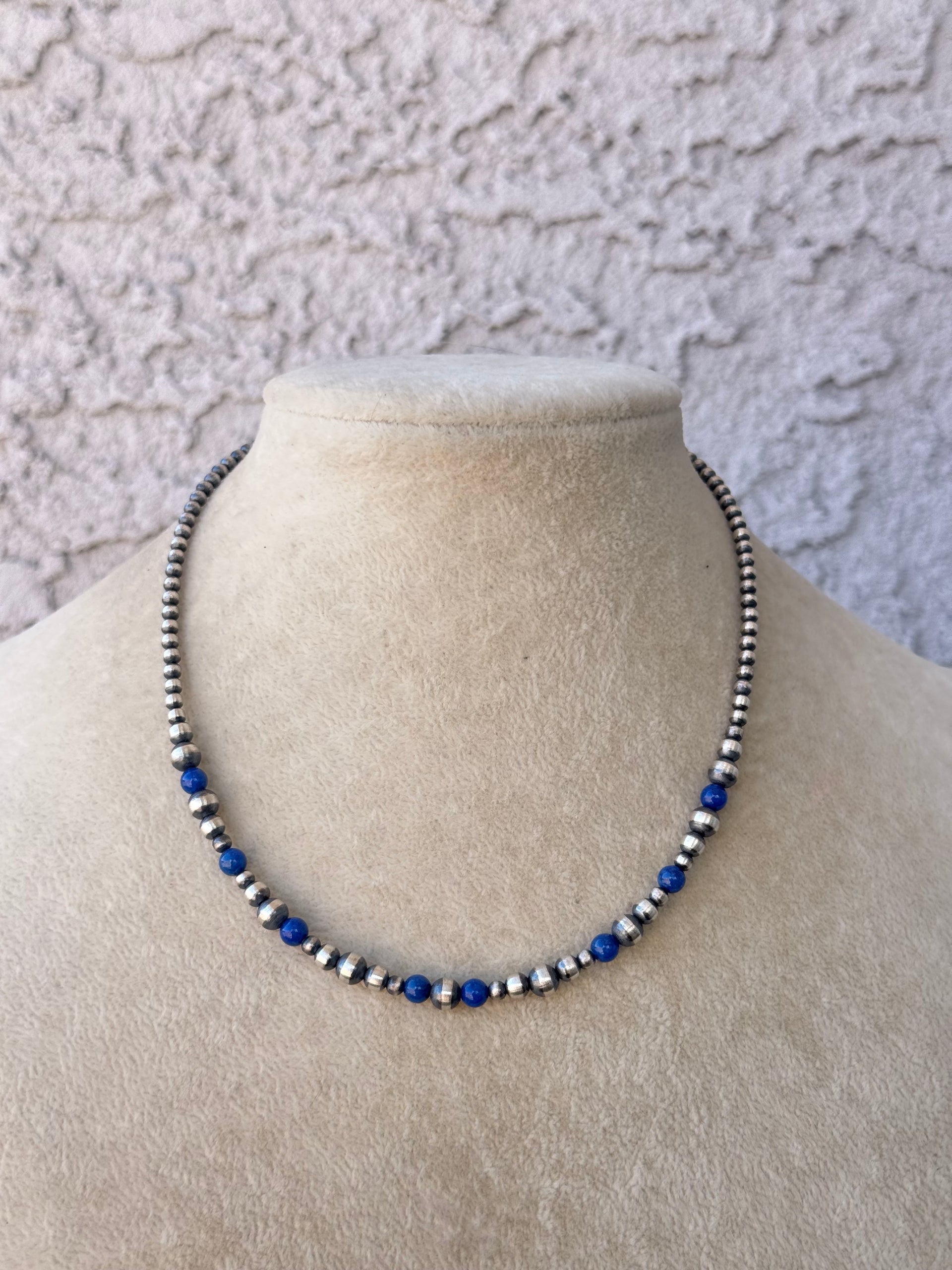Navajo Strung Lapis & Sterling Silver Graduated Pearl Necklace