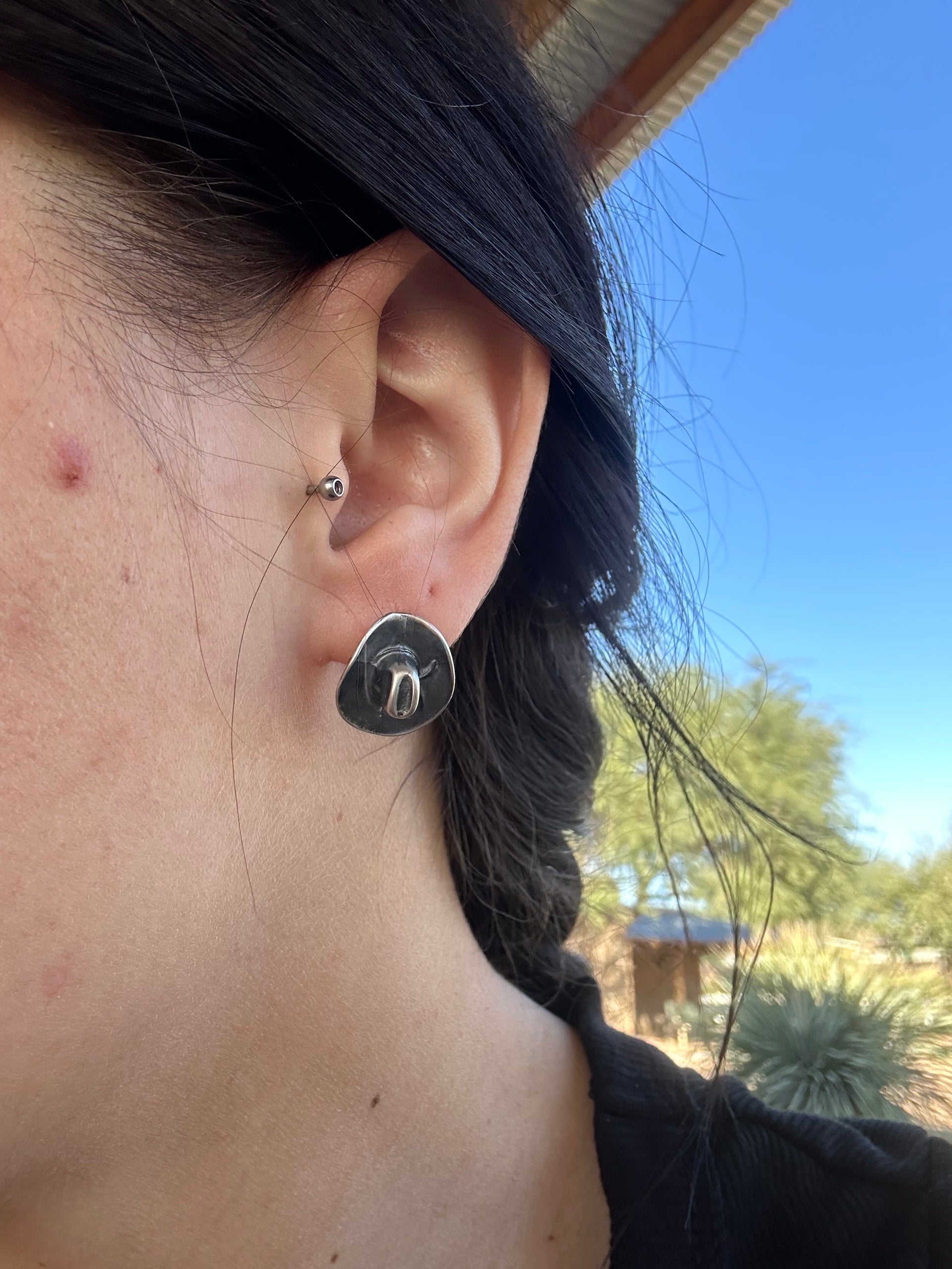 Navajo Handmade Sterling Silver Post Cowboy Hat Earrings