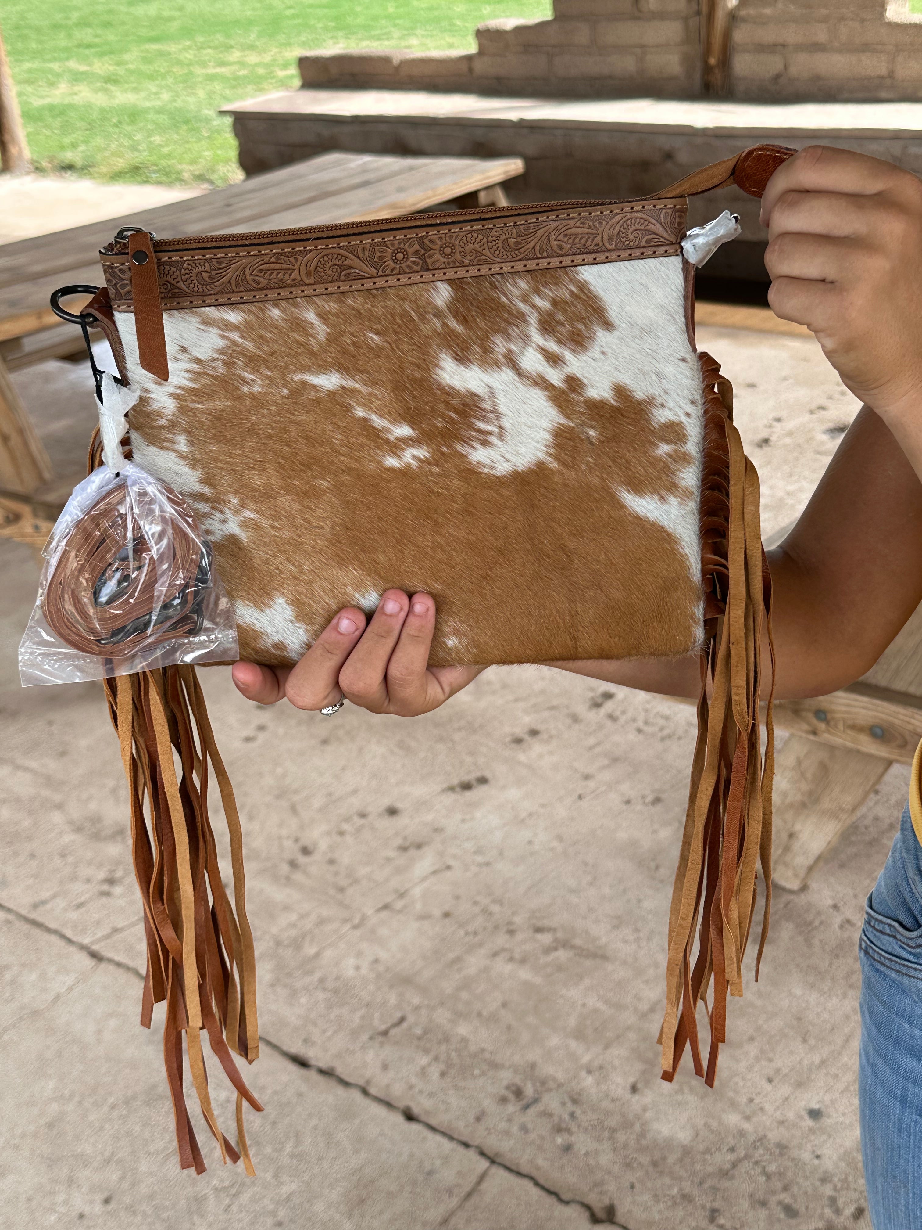 Genuine Leather Cowhide Tooled Cross Body Fringe Purse