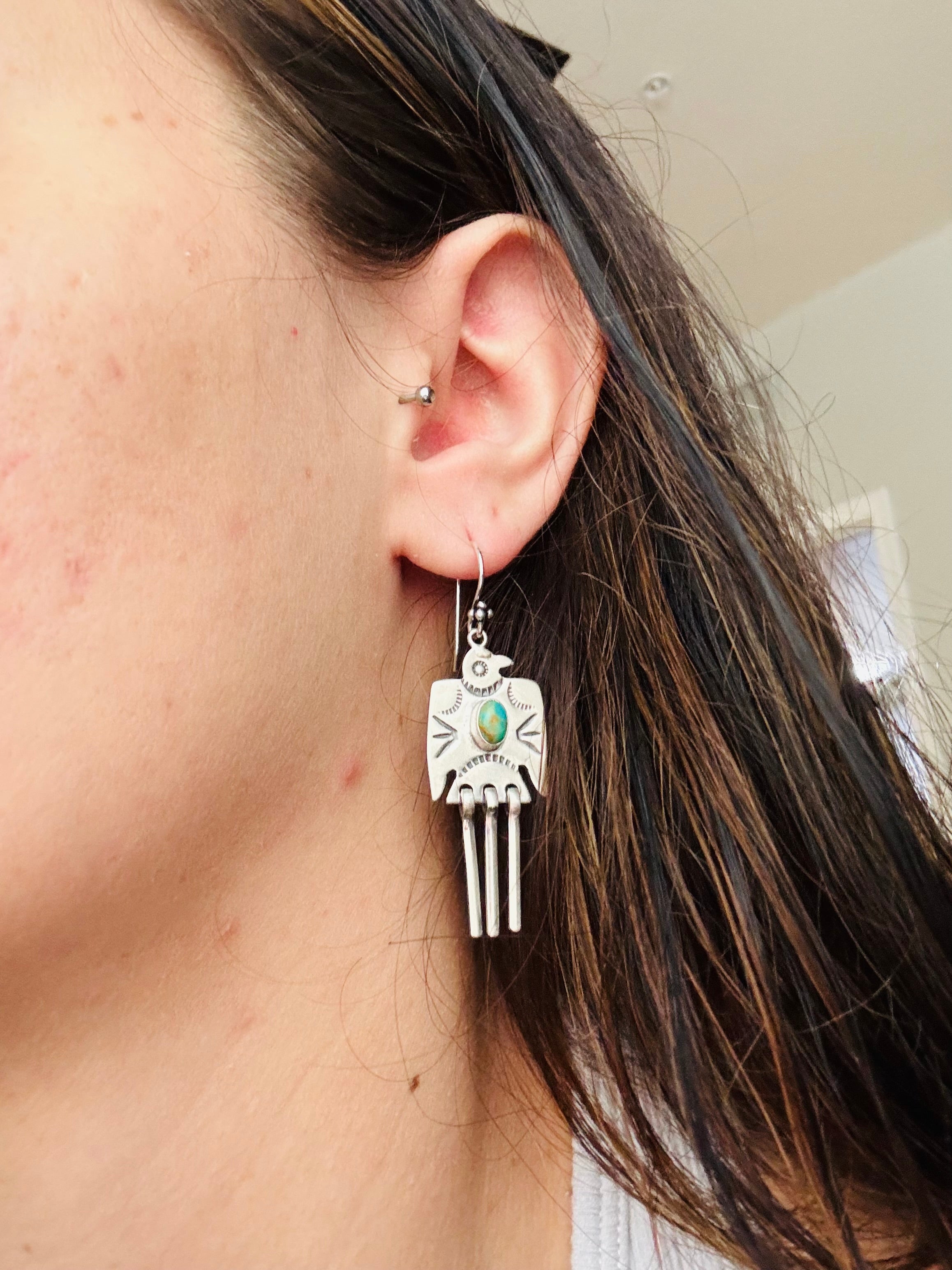 Southwest Handmade Kingman Turquoise & Sterling Silver Dangle Thunderbird Earrings