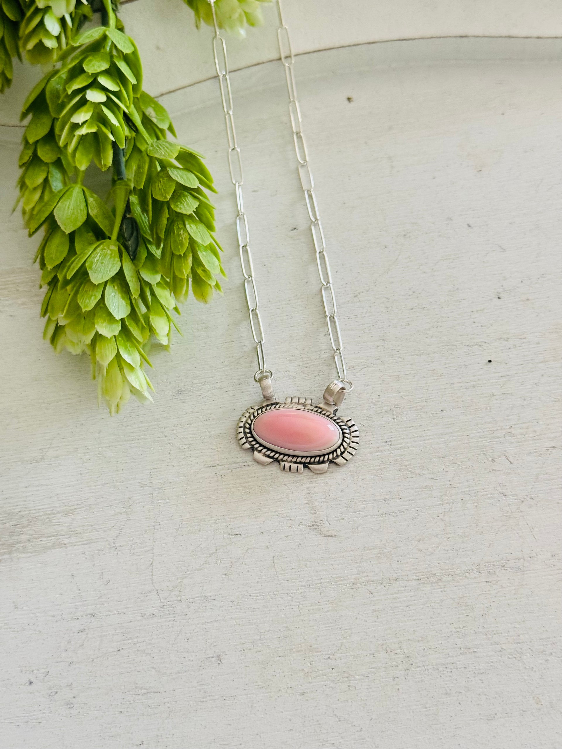 Southwest Made Pink Conch & Sterling Silver Necklace