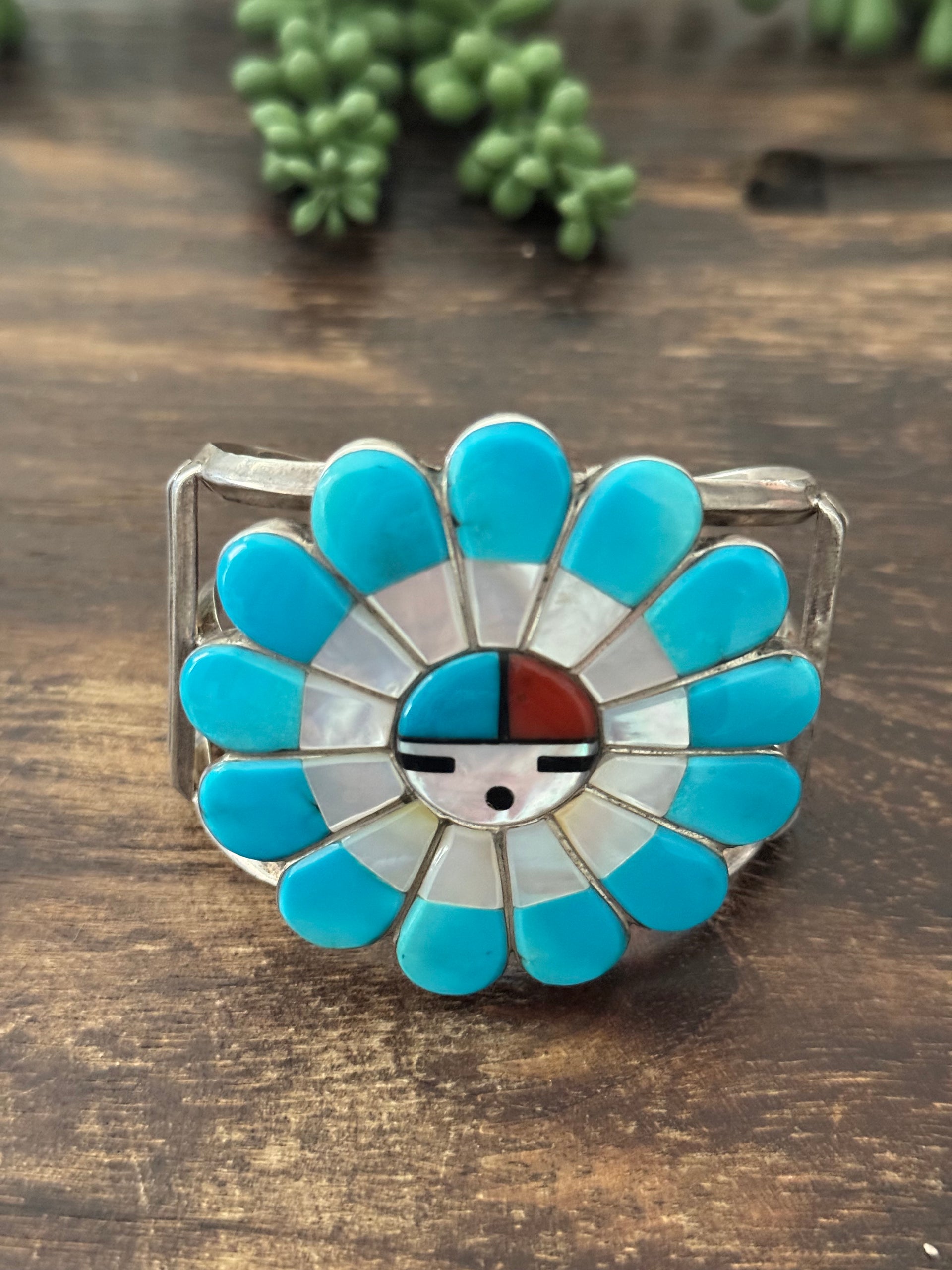 Vintage Edward Lewie Multi Stone & Sterling Silver Sunface Inlay Cuff Bracelet